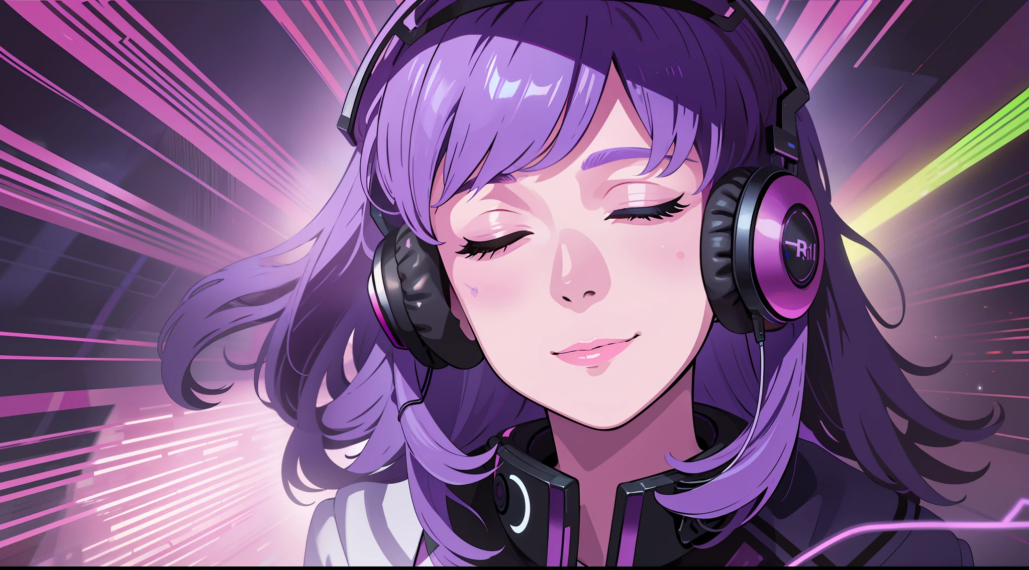 Woman with peace sense headset, closed eyes, beautiful face, RGB colors, purple hair, banner for youtube video, happy girl, clouds with RGB colors.