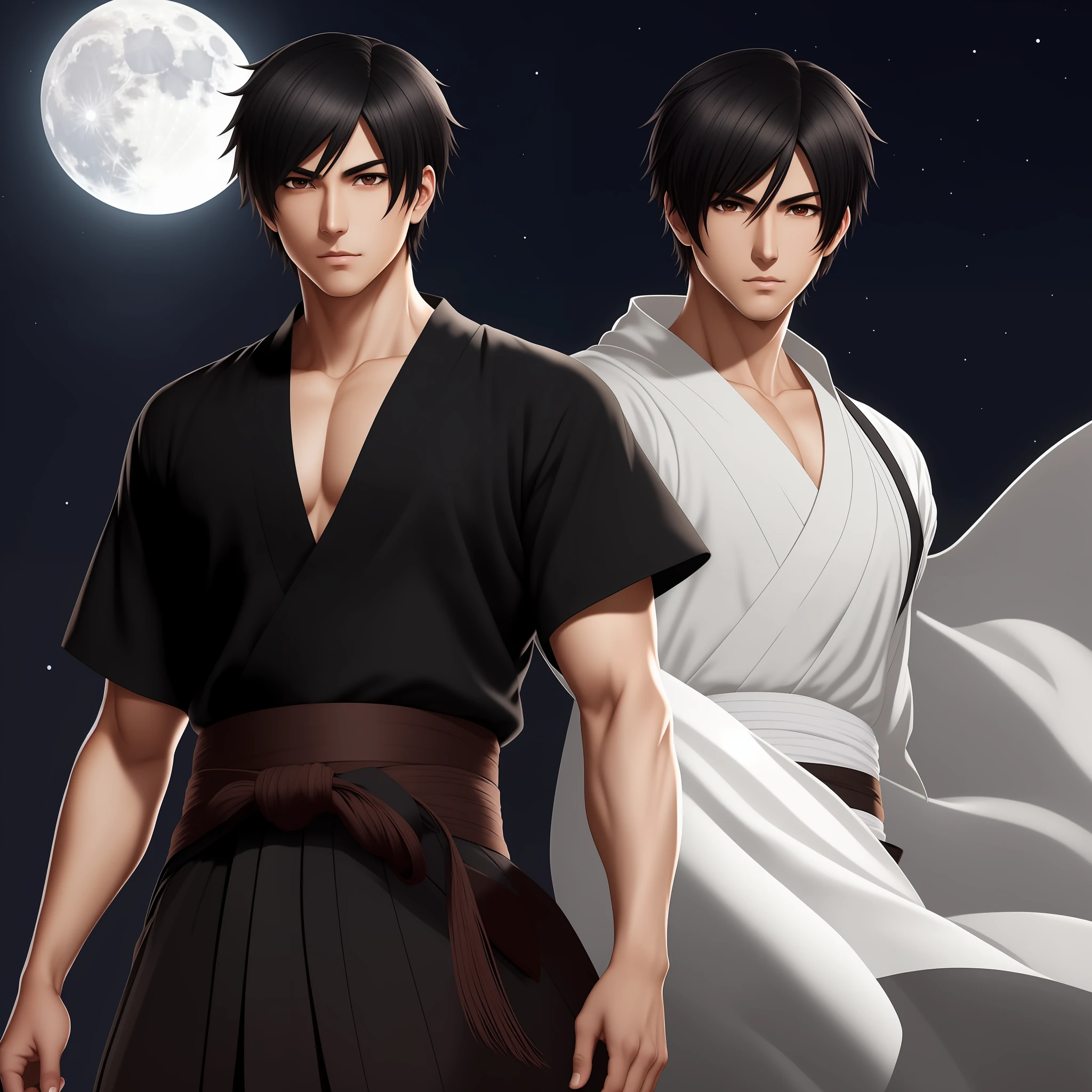 (Masterpiece) 8K resolution, adult male, dignified face, black short bob hair, hazelnut eyes, beautiful black eyes, thin muscles, model style, hakama, moonlit night, anime style