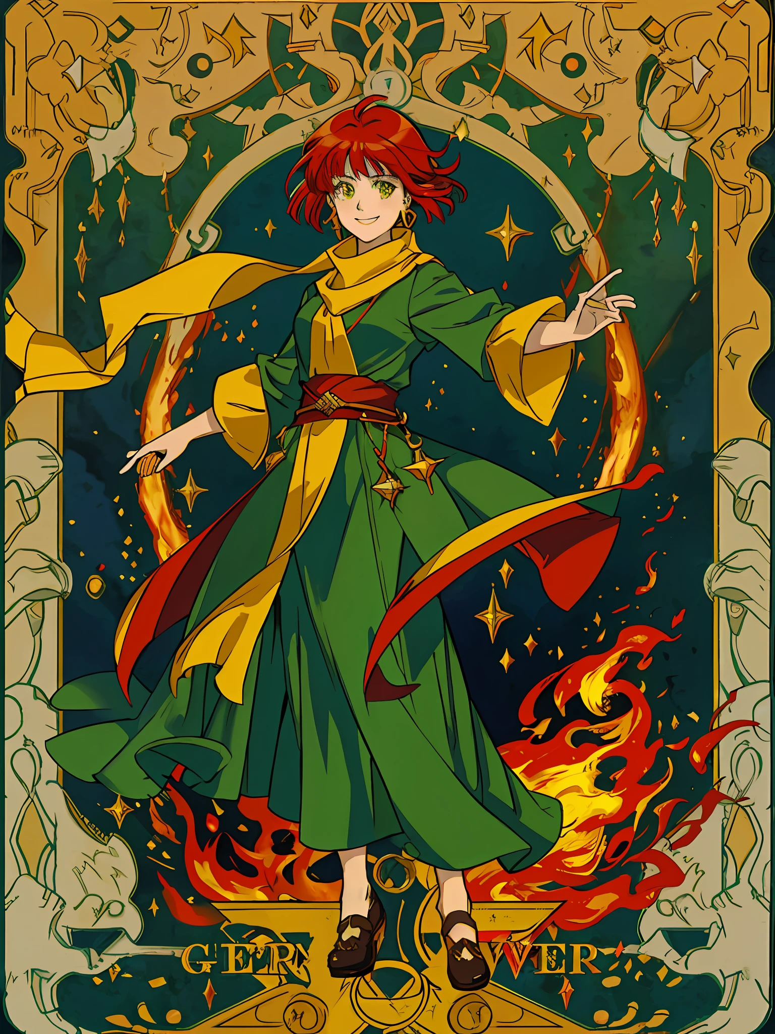 RPG character, Art style anime of the 90s, Sorceress, human, red hair, short hair, shaved on the side, green dress, yellow scarf, beautiful, conjuring fire, action pose, smiling, cheerful, golden eyes