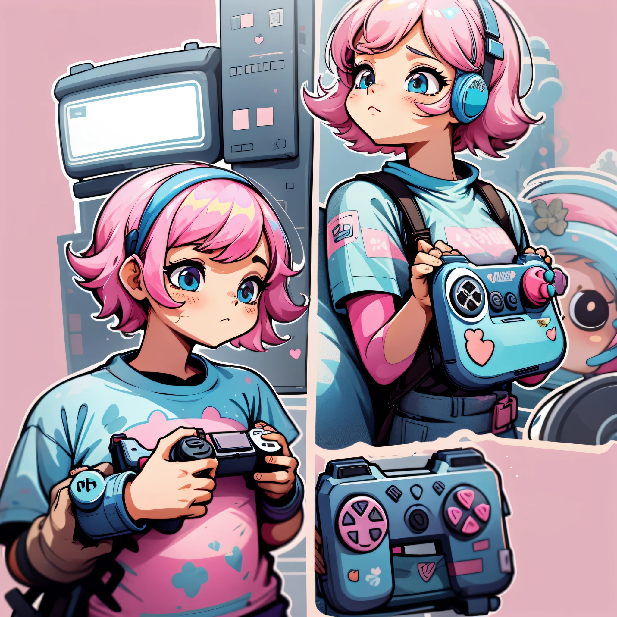 dual sense controller, cute, stylish, pink and blue, simple background, sticker, vector, t-shirt print