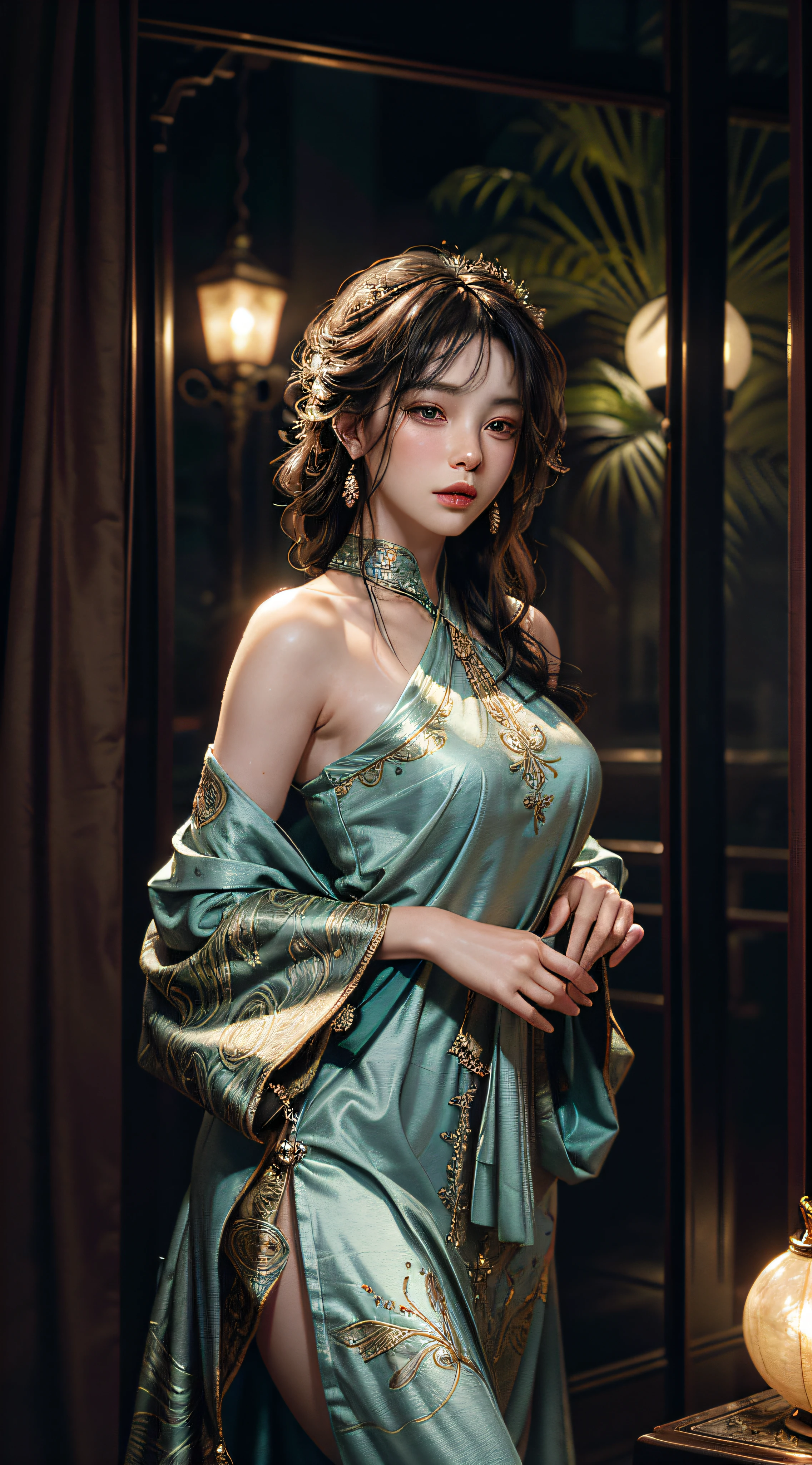 An artistic portrayal of an enchanting woman dressed in a flowing, silky traditional oriental gown, adorned with intricate patterns and vibrant colors. Her dress elegantly drapes around her curvaceous figure, emphasizing her alluring silhouette. She stands gracefully in a serene lunar night, bathed in the soft glow of the moonlight. The scene exudes an ethereal and dreamlike atmosphere, with a hint of mystery and sensuality. The image style embraces a blend of watercolor and digital illustration techniques, evoking a sense of delicate beauty and allure. Lighting is imbued with soft moon rays, casting gentle highlights and shadows on her captivating features.