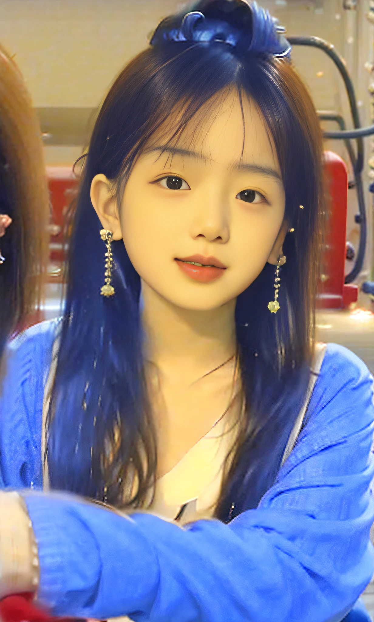(8k, RAW photo, best quality, super detail, realistic photo: 1.25), (close-up, highly detailed face and skin texture, fine eyes, double eyelids, whitening skin, long hair, lip gloss, eyelashes, glossy face, glossy skin, super high resolution, wide light, natural shadow, Kpop idol) Watch viewers with serenity and goddess-like happiness, long eyelashes, long hair with low neckline, wrinkled lips, hair behind the ears, blush, depth of field, chromatic aberration, caustic, surrealism, shadows, stereograms, Tachi-e, pov, atmospheric perspective, ccurate, textured skin