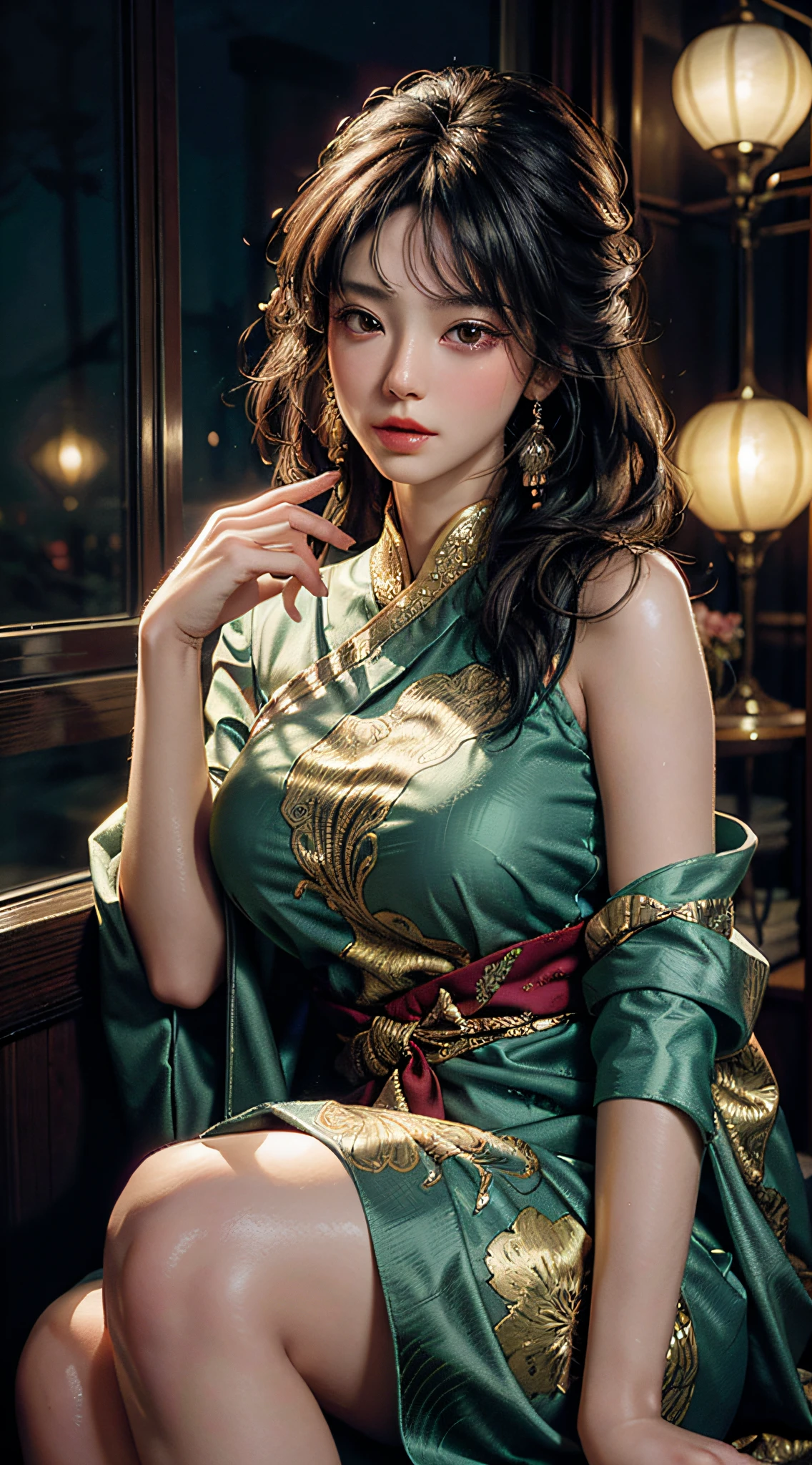 The art depicts a charming woman dressed in a flowing, silky traditional oriental dress decorated with intricate patterns and bright colors. Her dress drapes elegantly over her curvy figure, accentuating her seductive silhouette. She stood gracefully in the quiet moonlit night, bathed in the soft glow of the moonlight. The scene exudes an ethereal and dreamy atmosphere, with a touch of mystery and sexiness. The graphic style blends watercolor and digital illustration techniques to evoke a refined beauty and charm. The lights are filled with soft moonlight, casting soft highlights and shadows on her charming features. Bare thighs