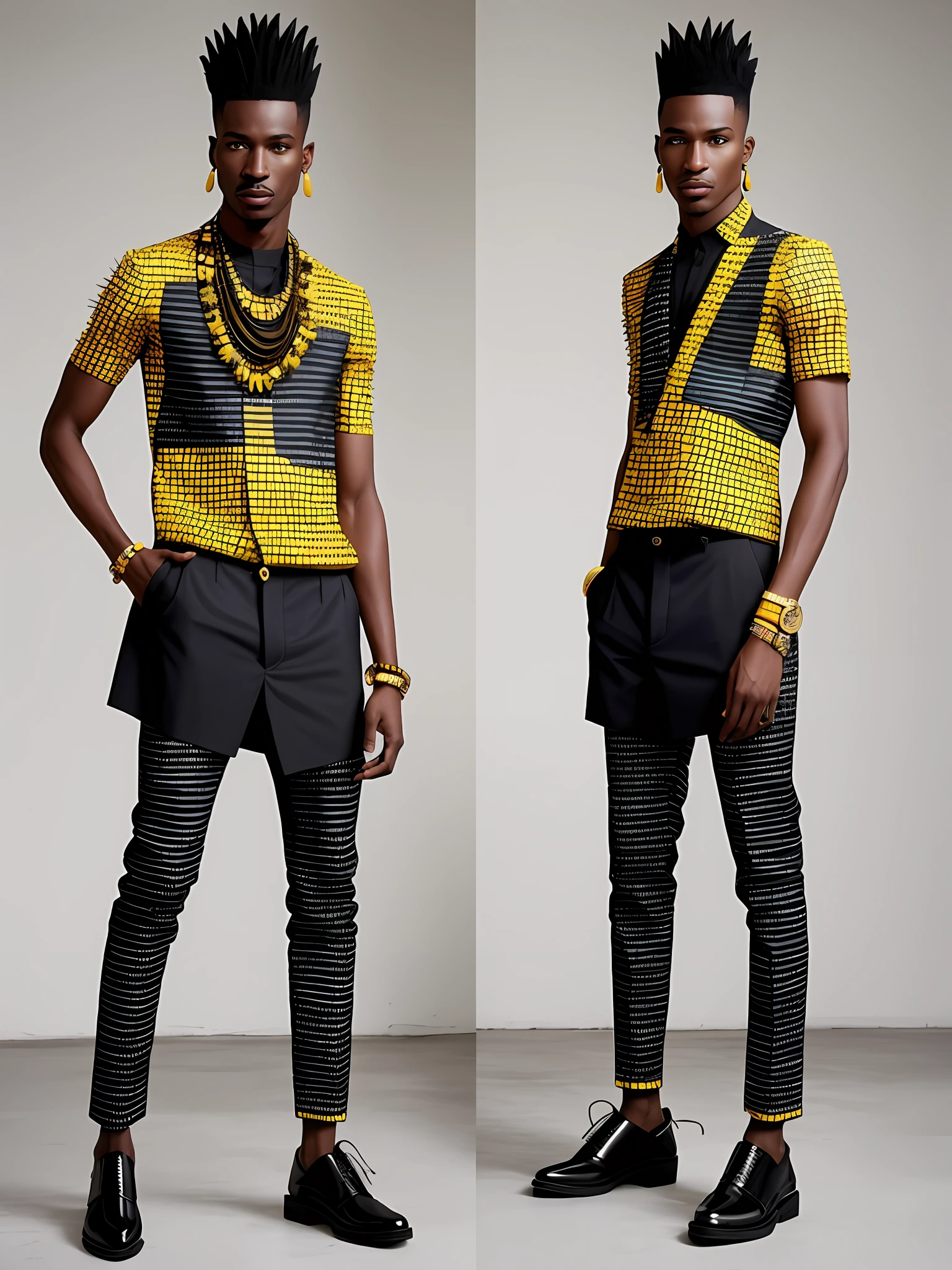 two men in yellow shirts and black pants standing next to each other, inspired by Ras Akyem, mix between tribal and hi-tech, in style of nadine ijewere, in style of davey adesida, in a spiky tribal style, inspired by Theo Constanté, inspired by Matija Jama, edited, masculine appeal high fashion