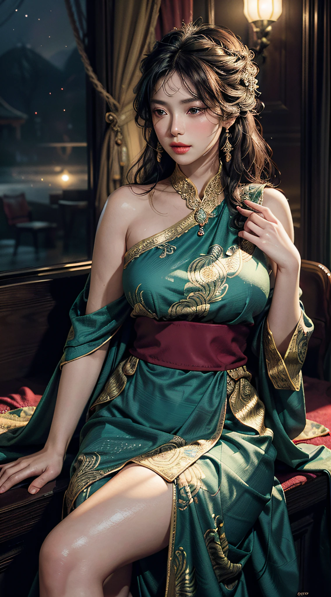 The art depicts a charming woman dressed in a flowing, silky traditional oriental dress decorated with intricate patterns and bright colors. Her dress drapes elegantly over her curvy figure, accentuating her seductive silhouette. She stood gracefully in the quiet moonlit night, bathed in the soft glow of the moonlight. The scene exudes an ethereal and dreamy atmosphere, with a touch of mystery and sexiness. The graphic style blends watercolor and digital illustration techniques to evoke a refined beauty and charm. The lights are filled with soft moonlight, casting soft highlights and shadows on her charming features. Bare thighs