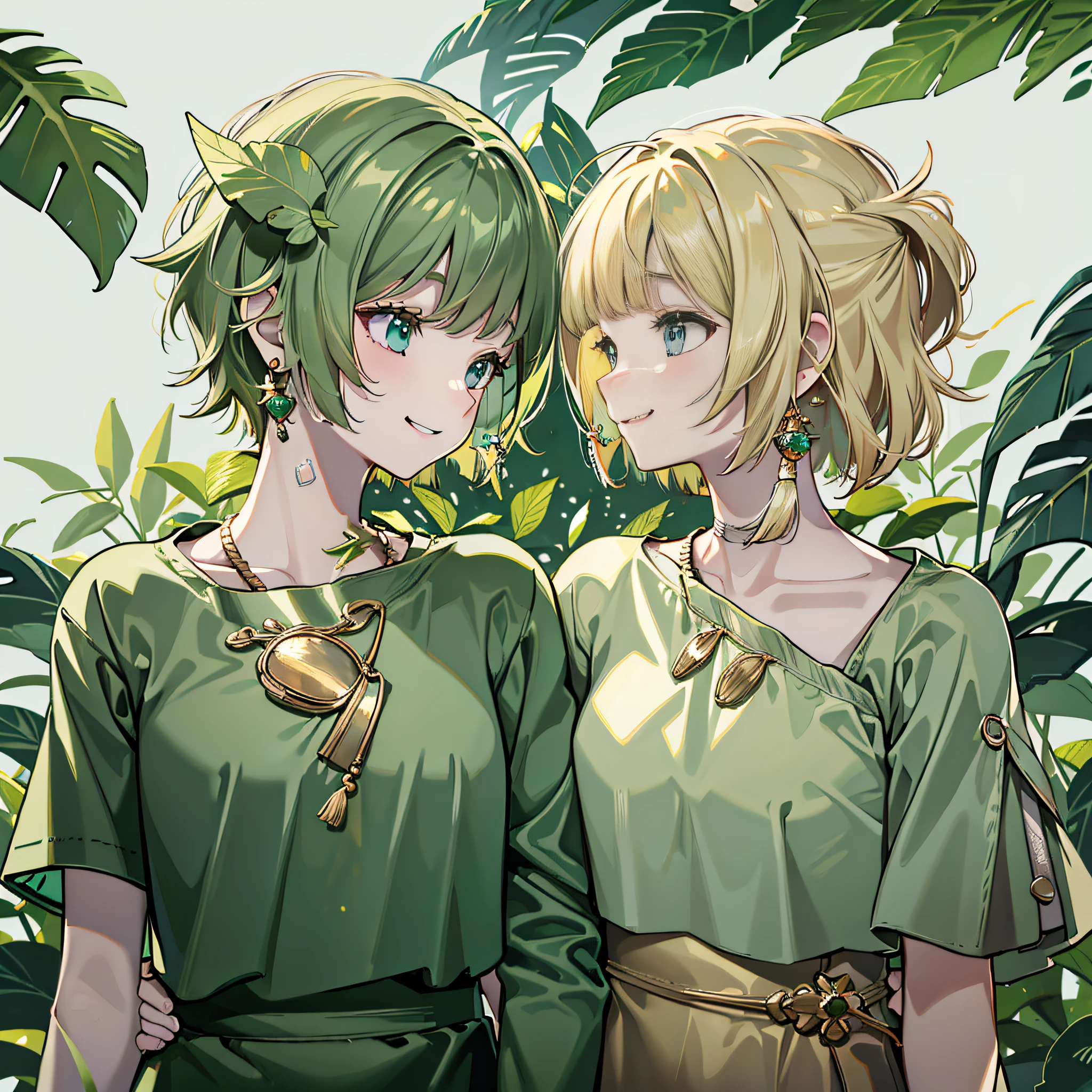 (fresh and natural:1.5), super cute, avatar, 2 people, green tones, light background, boy right, girl left, boy fluffy hairstyle, girl hair and waist, (smile: 1.2), (eye contact: 1.3), (hand in hand: 1.1), boy wearing white t-shirt, girl wearing green dress, (green earrings: 1.2), (ring: 1.1), (green leaf background: 1.3), (fresh and natural), (best quality))