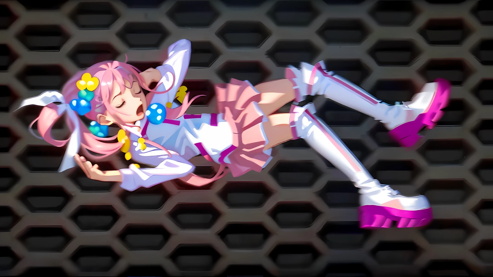 (Masterpiece: 1.5), (Best quality: 1.5), 8k,1 girl, eyes closed, mouth open, scream, my pink hair, single ponytail, white top, pink pleated skirt, pink over-the-knee socks, white long boots, simple background, hallway