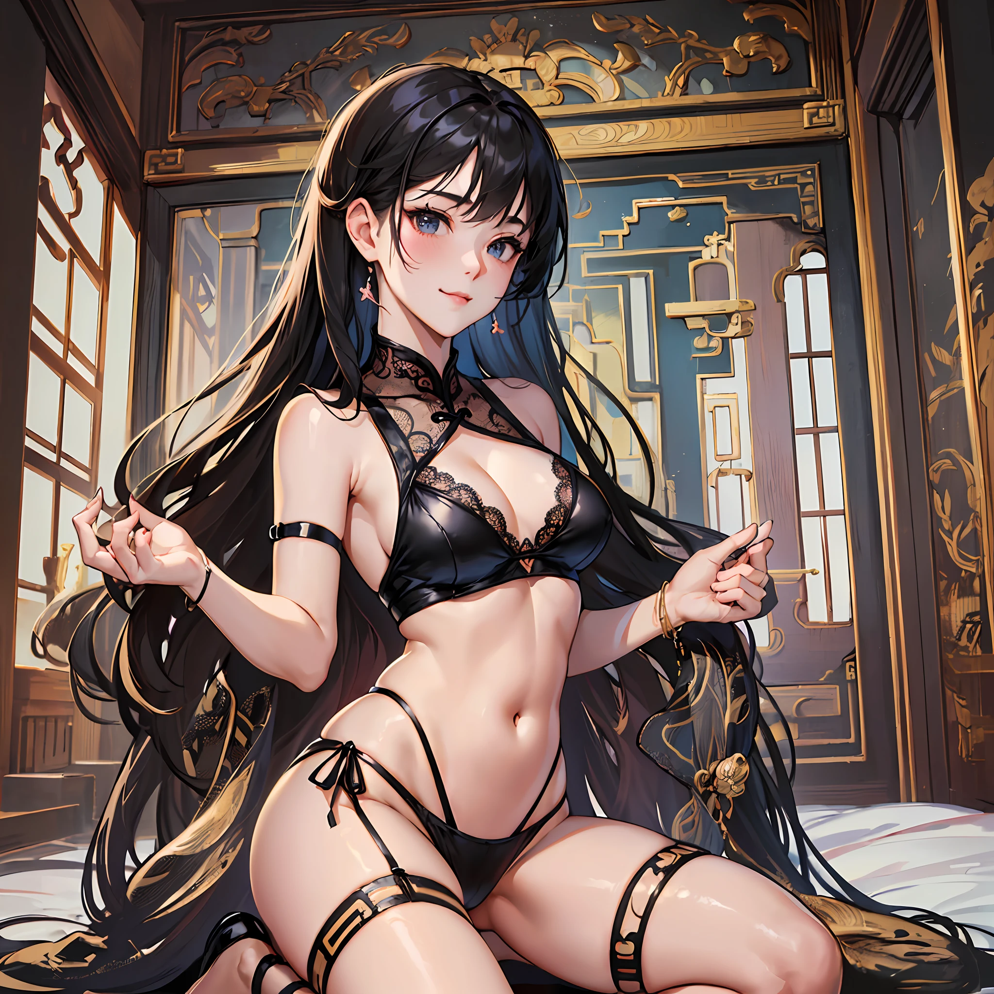 ((Master Works,,Higher Quality,((High Detail)),High Resolution)),Pout,Blush,Smile,(((Bikini, Sexy))),Long Black Hair, Long Legs,(Kneeling Position),((G Cup, S-shaped Body)),((8K Resolution, Ultra High Resolution)),Beautiful Girl,Girl,((Fresh and Beautiful, Enchanting)),(Transparent Clothes),((Cutout Transparent Solid Color Lace Erotic Underwear)),Sexy Playfulness,Waist-baring,Cute ((Delicate Face)),Solid Tones
Model: 2.5D Chinese style, CFG scale: --auto --s2
