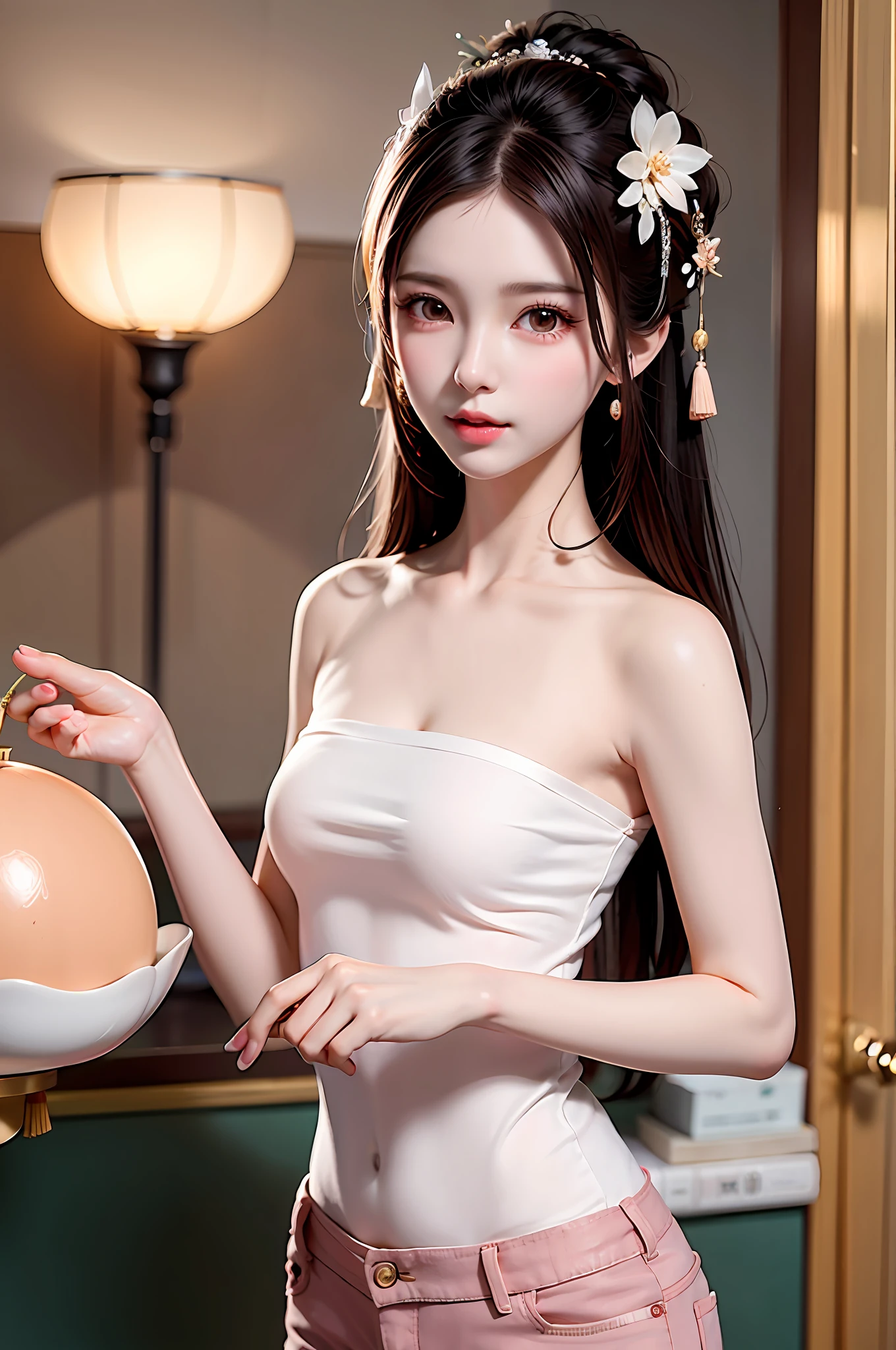 Gentle and charming Chinese beautiful woman, half-length photo, delicate and sexy collarbone, charming oval face, double eyelids, vivid peach blossom eyes, pink lips, small nose, bare shoulders, focused face, face close-up, ultra-high-definition, Super details, elegant standing posture, Korean style puff sleeve square collar slim short shirt, matched with high waist light-colored jeans suit