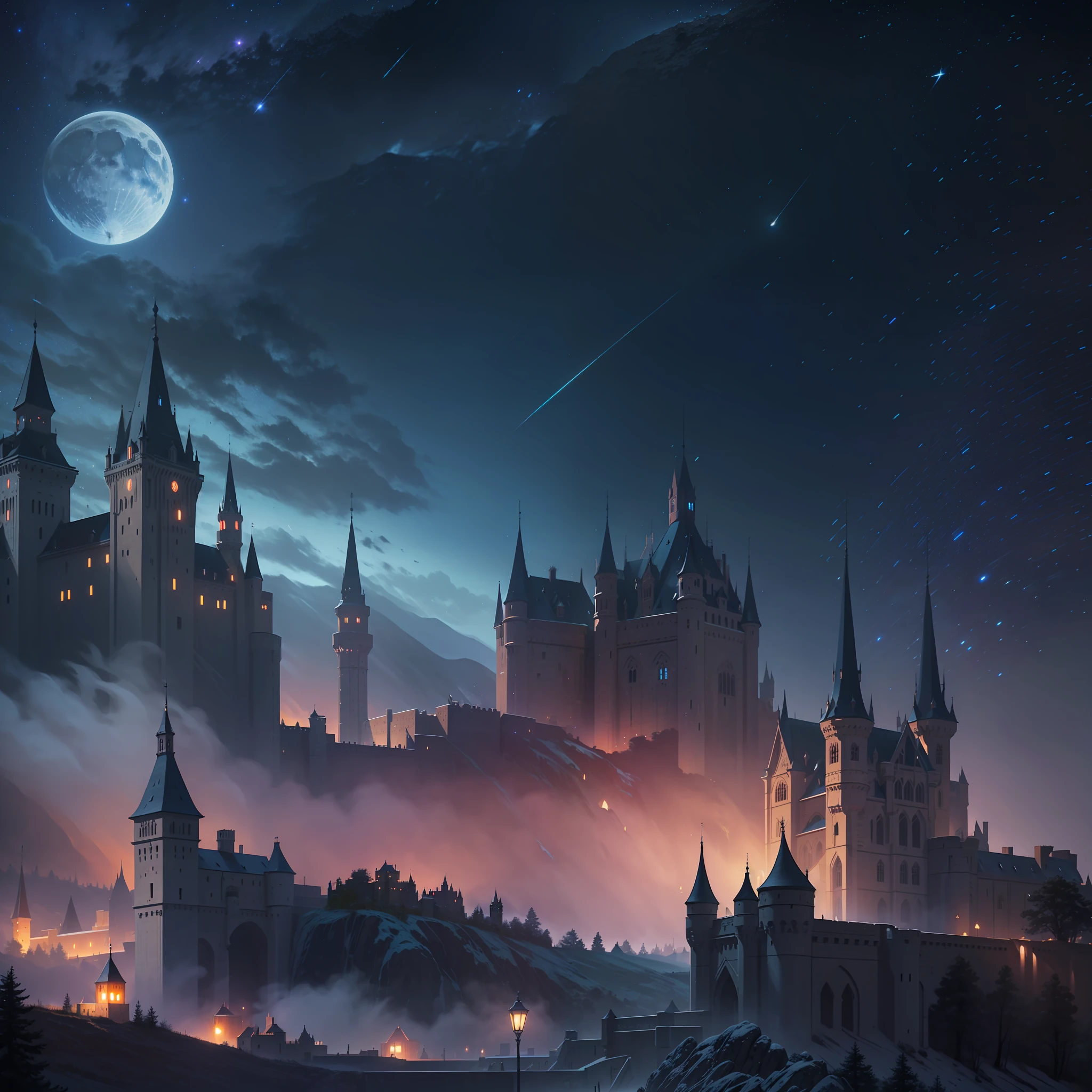 Totally dark background (amoled), 8k, realistic, detailed, medieval night castle, night, knights, digital art, vivid colors, high sharpness, high quality, high resolution.