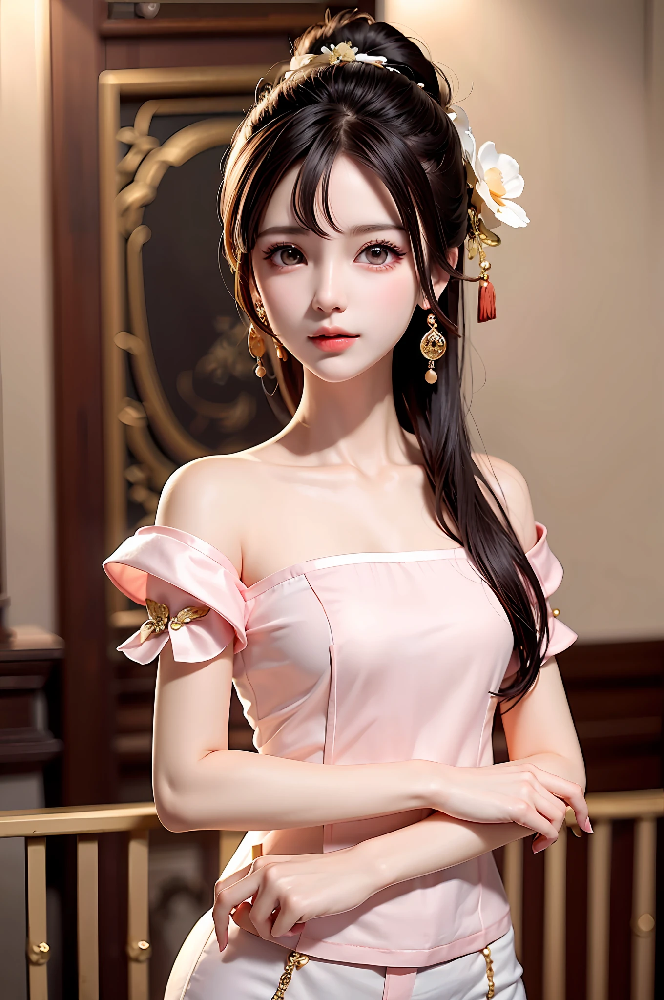 Gentle and charming Chinese beautiful woman, half-length photo, delicate and sexy collarbone, charming oval face, double eyelids, vivid peach blossom eyes, pink lips, small nose, bare shoulders, focused face, face close-up, ultra-high-definition, Super details, elegant standing posture, Korean style puff sleeve square collar slim short shirt, matched with high waist light-colored jeans suit