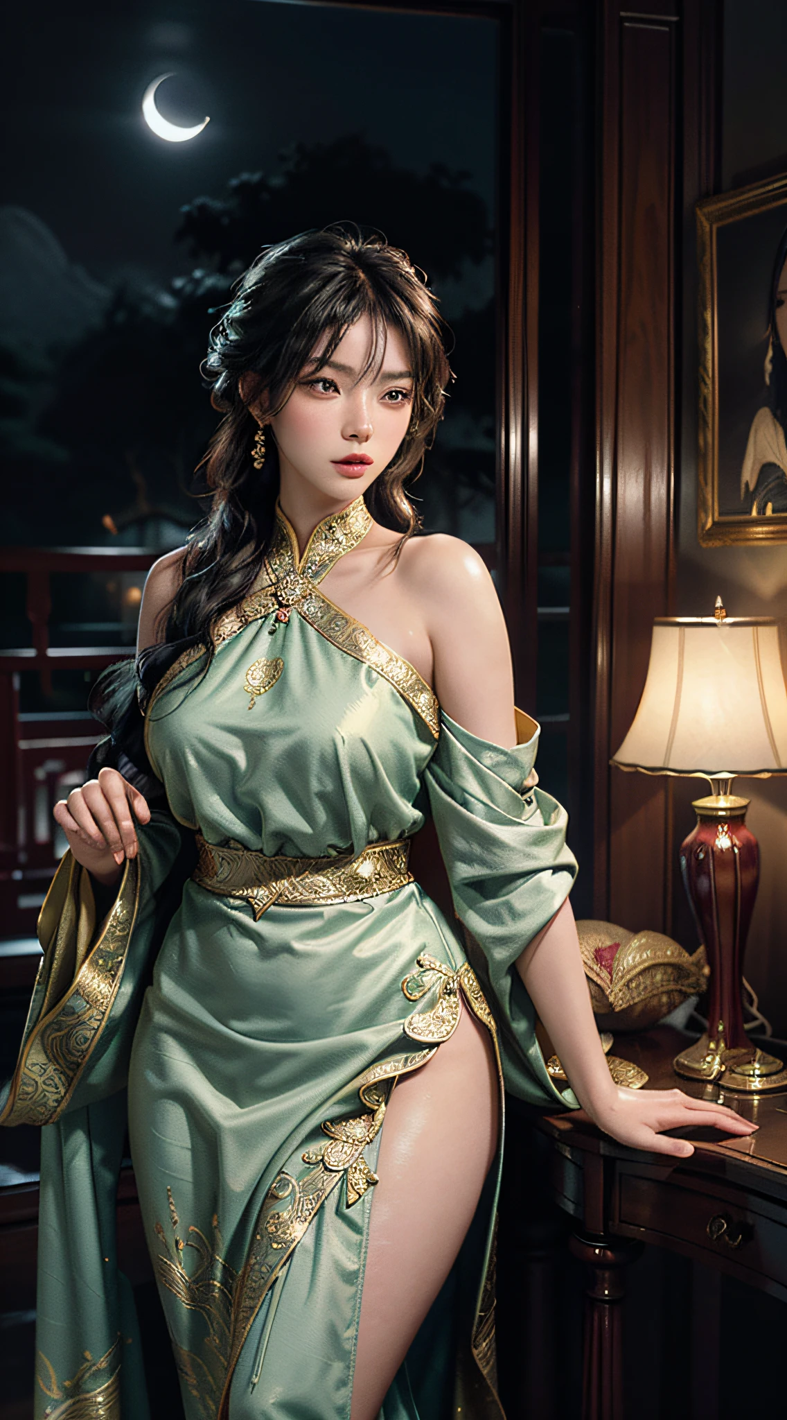 The art depicts a charming woman dressed in a flowing, silky traditional oriental dress decorated with intricate patterns and bright colors. Her dress drapes elegantly over her curvy figure, accentuating her seductive silhouette. She stood gracefully in the quiet moonlit night, bathed in the soft glow of the moonlight. The scene exudes an ethereal and dreamy atmosphere, with a touch of mystery and sexiness. The graphic style blends watercolor and digital illustration techniques to evoke a refined beauty and charm. The lights are filled with soft moonlight, casting soft highlights and shadows on her charming features. Bare thighs