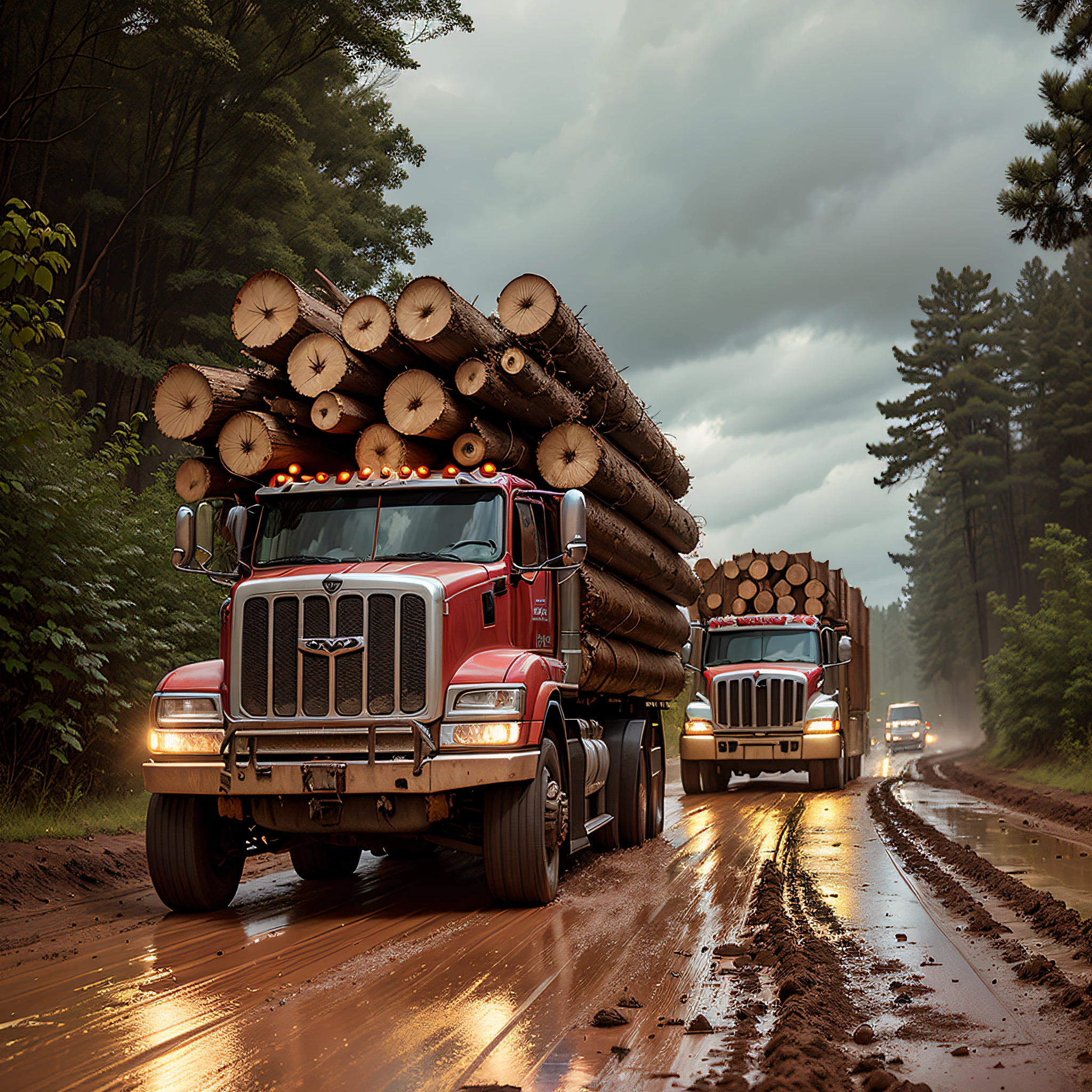 Two truckloads of wood on a muddy road with cloudy weather