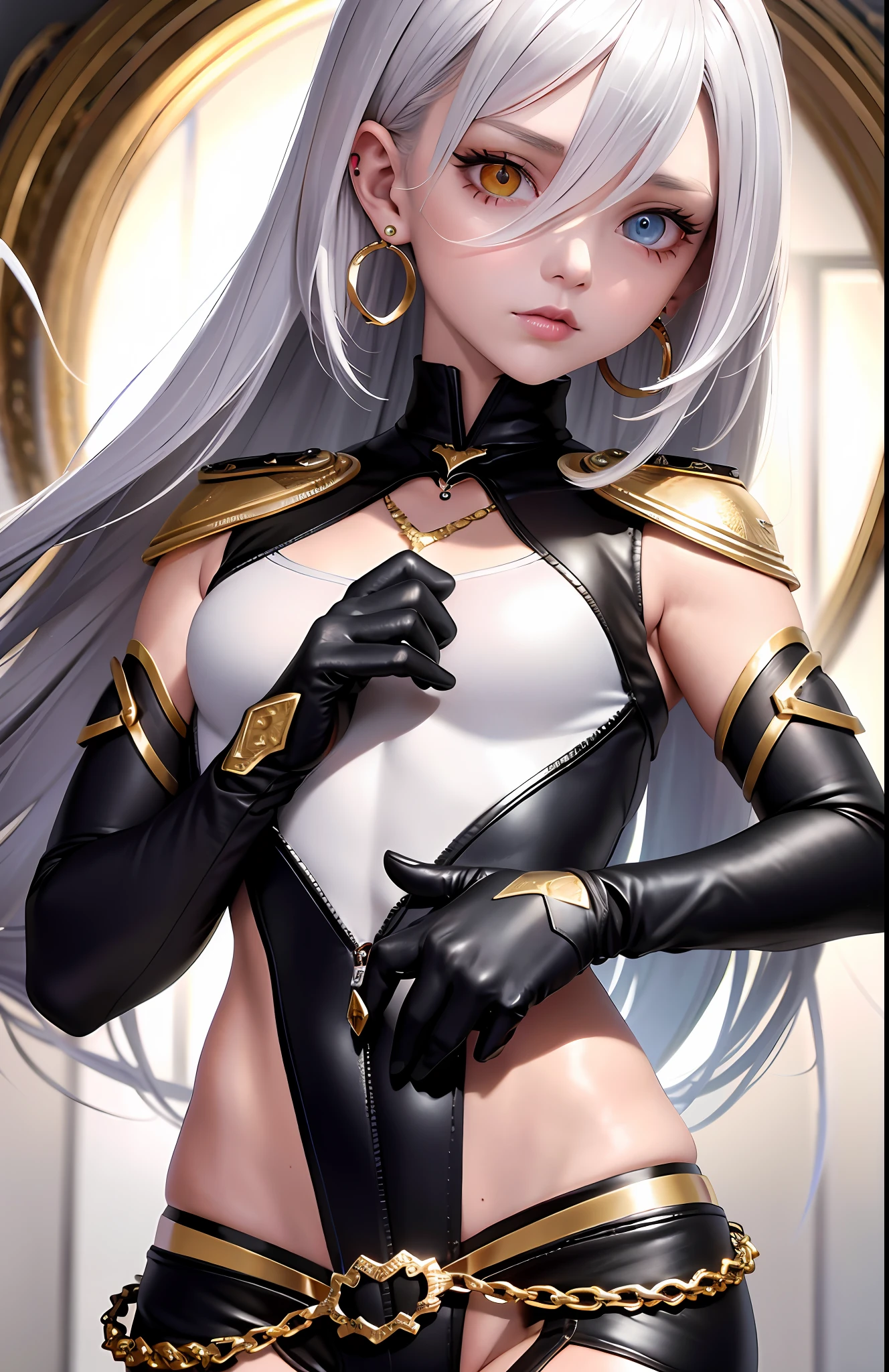 Best, Masterpiece, High Resolution, Best Quality, Ultra HD, Super Detail, Award-Standing, 16k, (Upper Body), Anatomically Correct, Action Pose, Beautiful Maiden, Cute Face, Gradient Gray Hair with Pick Dye, Hair Strands, ((Heterochromia)), Long Eyelashes, Hanging Eye Corners, Fair Skin, (Small), (Slim Body), (Military_Made_costume), Stud Earrings, (Neck Rings), Very, Very Short Gloves