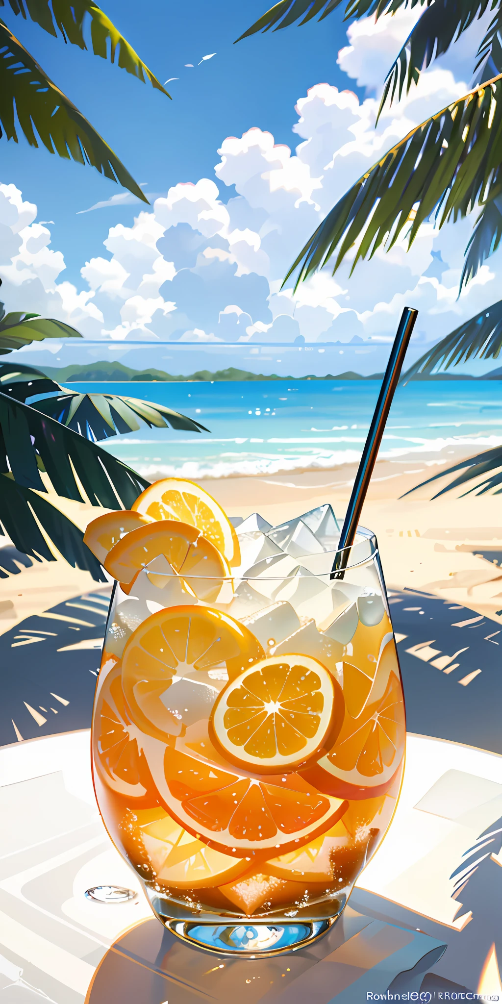Using the right hand, macro photography depicts picnic scenes themed around a tropical beach holiday in summer. The protagonist of this photo is a cool glass filled with iced carbonated drinks. The lens focuses on glasses, fruit, dazzling midday sun, fisheye lenses, distant views, a hearty meal, (splashed liquid: 1.6), ice, (picnic scene: 0.5) (cute dessert: 0.4), dripping. It's filled with carbonated drinks, translucent liquid, daytime outdoor lights (beach 1.5), tropical plants, hot weather, HD detail, wet watermark, hyperdetail, cinematic, surrealism, soft light, deep field focus bokeh, ray tracing, diffuse (ultra-fine glass reflection), and surrealism.