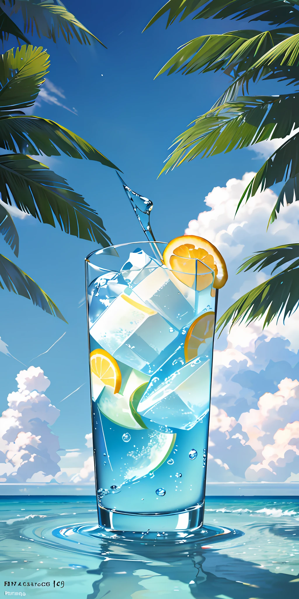 Using the right hand, macro photography depicts picnic scenes themed around a tropical beach holiday in summer. The protagonist of this photo is a cool glass filled with iced carbonated drinks. The lens focuses on glasses, fruit, dazzling midday sun, fisheye lenses, distant views, a hearty meal, (splashed liquid: 1.6), ice, (picnic scene: 0.5) (cute dessert: 0.4), dripping. It's filled with carbonated drinks, translucent liquid, daytime outdoor lights (beach 1.5), tropical plants, hot weather, HD detail, wet watermark, hyperdetail, cinematic, surrealism, soft light, deep field focus bokeh, ray tracing, diffuse (ultra-fine glass reflection), and surrealism.