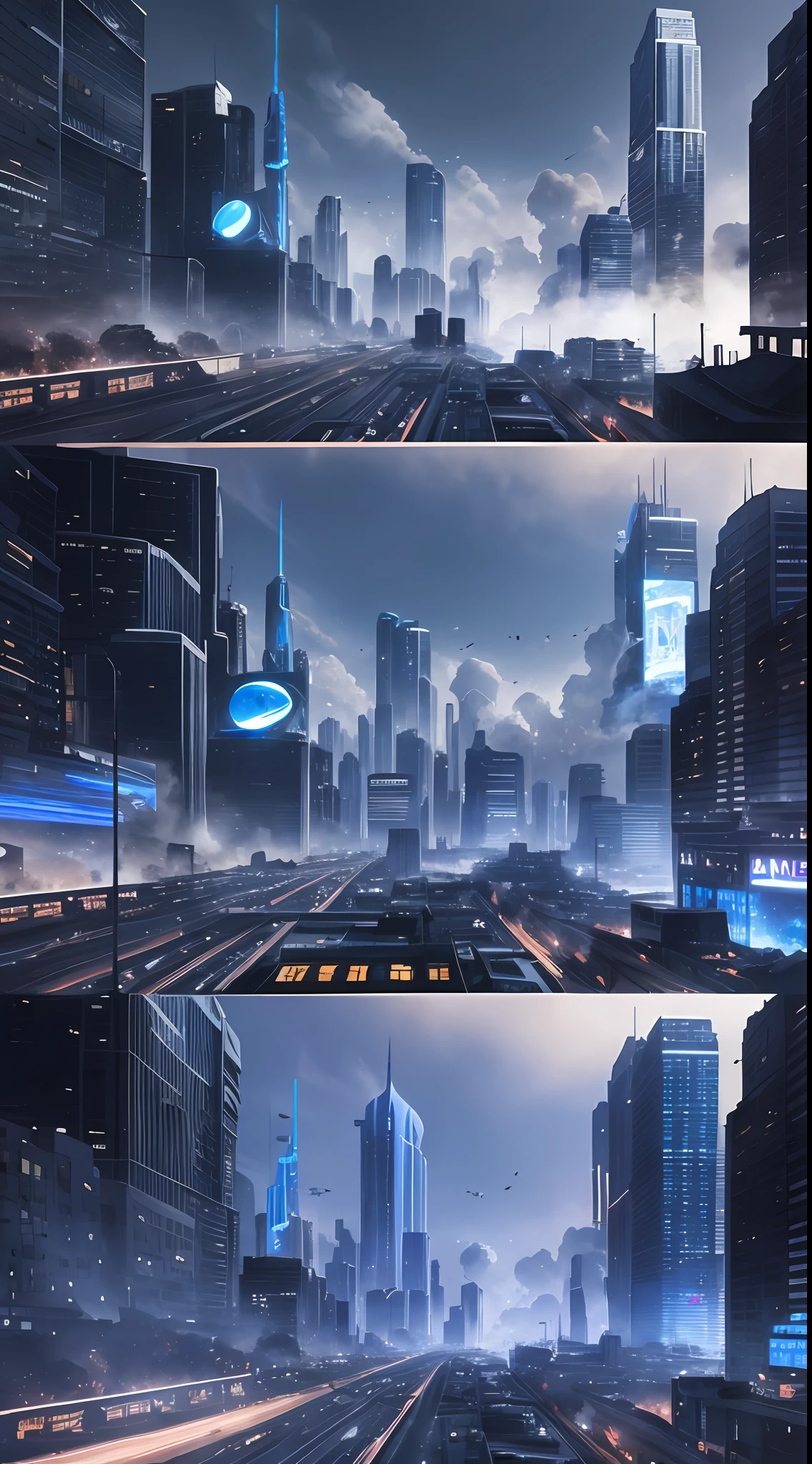 /imagine prompt: [Illustration storyboard] comic page, multiple images on one page: alien spaceship landing on Earth (vista), smoke and dust in the city (medium view), a group of people with weapons, fighting alien creatures (close-up) [multi-camera continuous shooting] cobalt blue and reflective silver, film P30, unequal slash composition, in the style of Paul Chadeisson