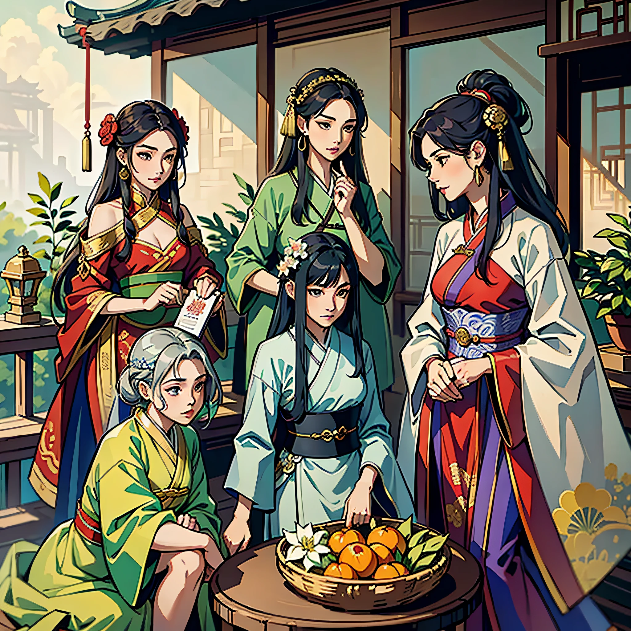 Masterpiece, ancient, outdoor, in the sky, ancient China, five beautiful women with different styles, mature women, long hair, exquisite hair accessories, Hanfu, exquisite clothes, exquisite detail display, exquisite face display --auto --s2