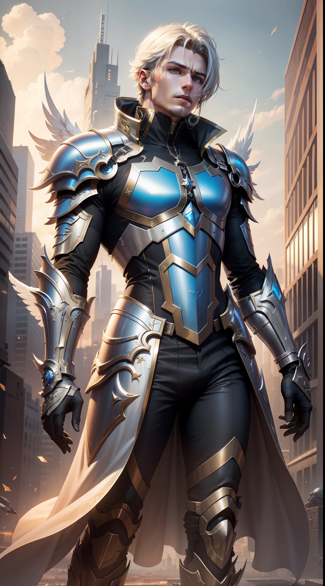 Best image quality, high resolution,8k, masterpiece, best male combat angel descending from the sky, masked,metal armor combined with royal vestments, scales in your hand,cyberpunk style