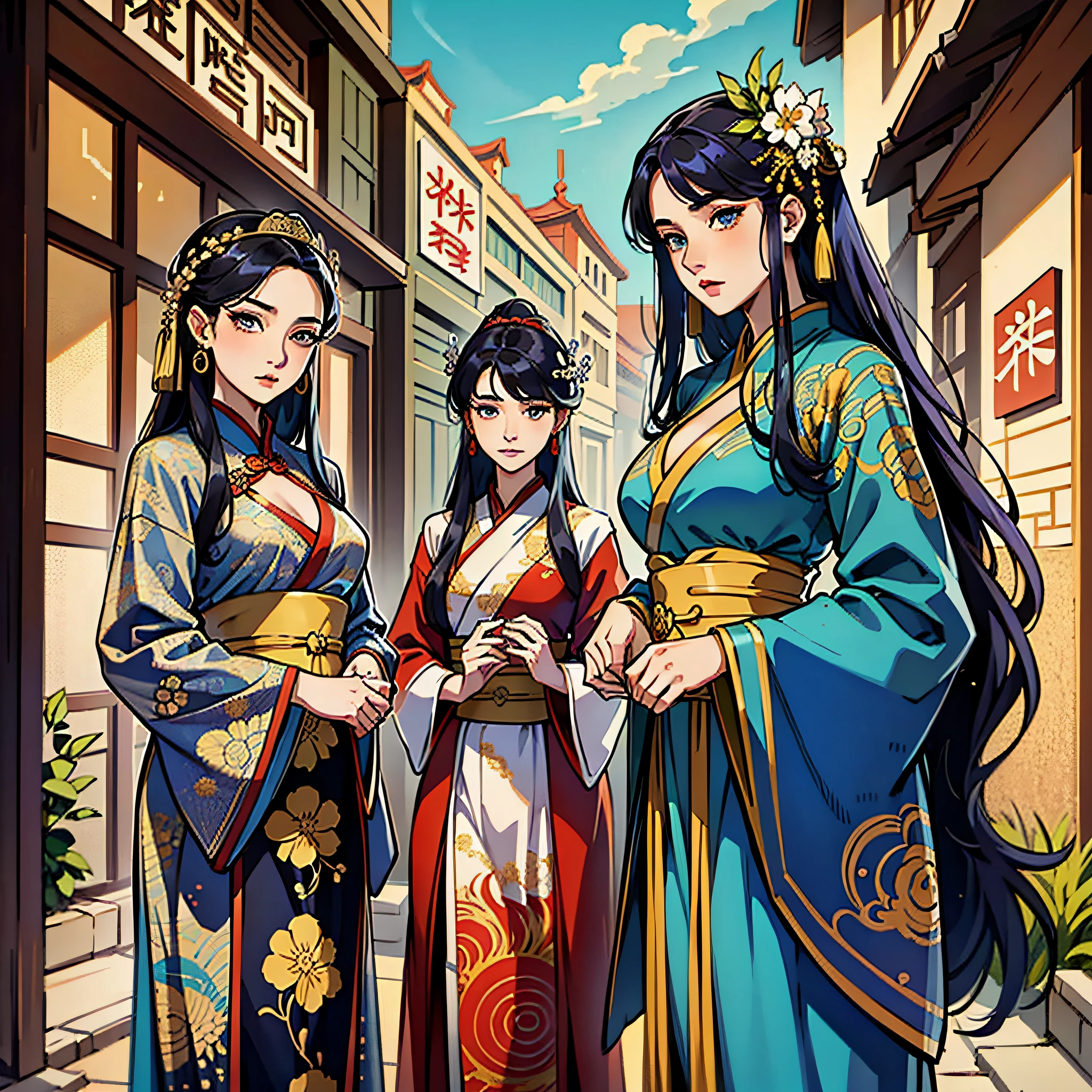 Masterpiece, ancient, outdoor, in the sky, ancient China, five beautiful women with different styles, mature women, long hair, exquisite hair accessories, Hanfu, exquisite clothes, exquisite detail display, exquisite face display --auto --s2