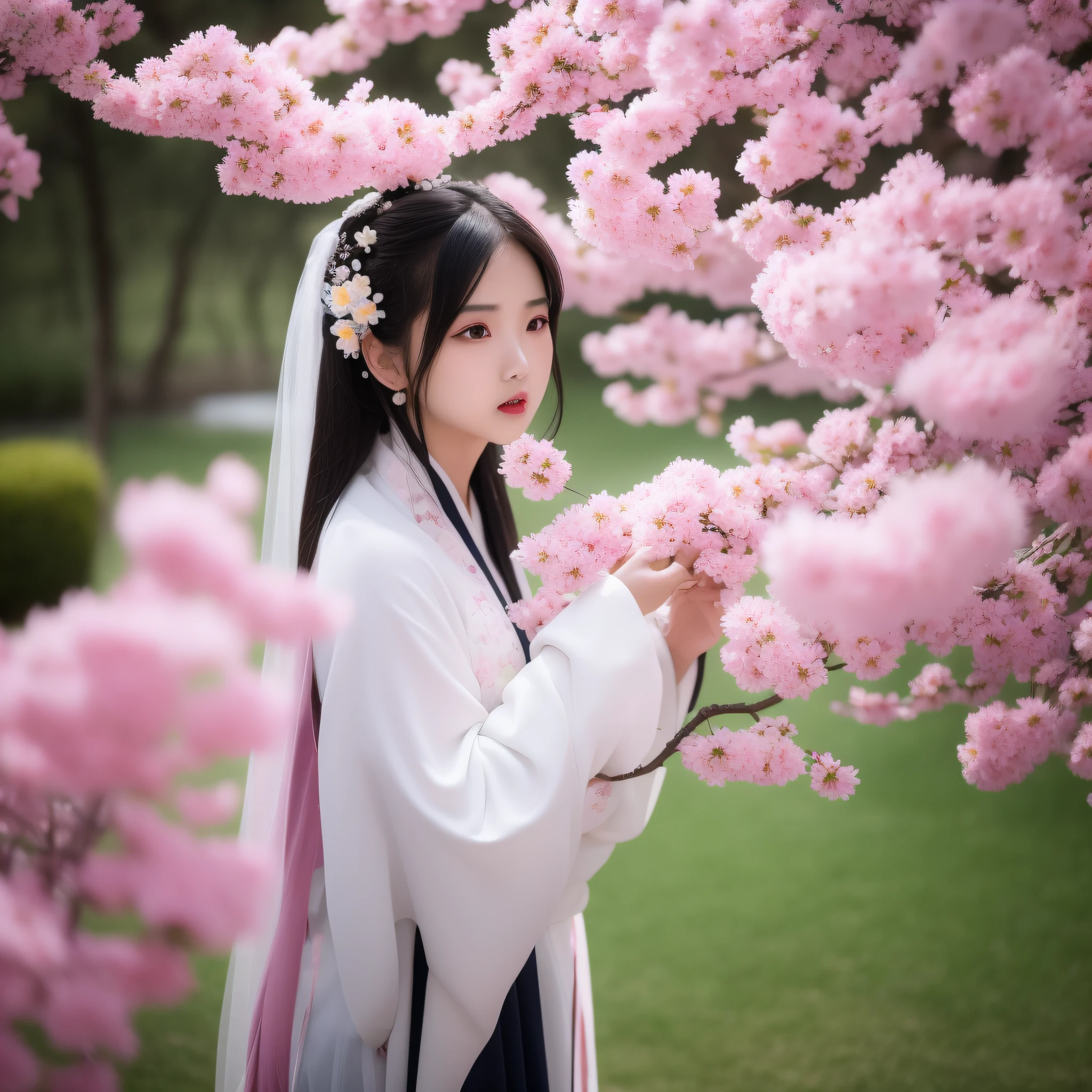 最佳质量，超高分辨率，（真实感：1.8），1girl，blue_sky，blurry，blurry_background，blurry_foreground，branch，bridal_veil，bride，cherry_blossoms，chinese_clothes，curtain_grab，窗帘，day，depth_of_field，flower，hanami，hanfu，lips，long_hair , outdoors, parted_lips, petals, pink_flower, pink_theme, plum_blossoms, shawl, solo, solo_focus, spring_\(season\), tree, upper_body, veil, wedding, wedding_dress, 紫藤花