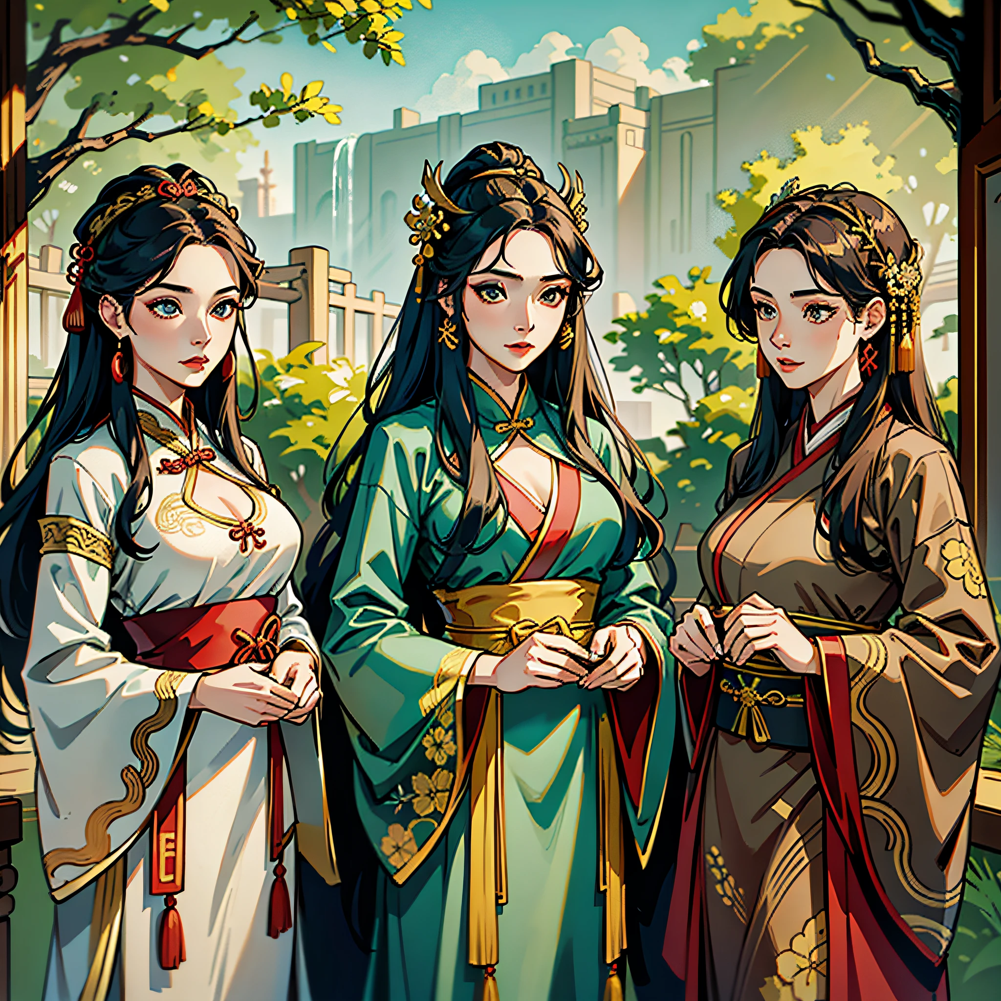 Masterpiece, ancient, outdoor, in the sky, ancient China, five beautiful women with different styles, mature women, long hair, exquisite hair accessories, Hanfu, exquisite clothes, exquisite detail display, exquisite face display --auto --s2