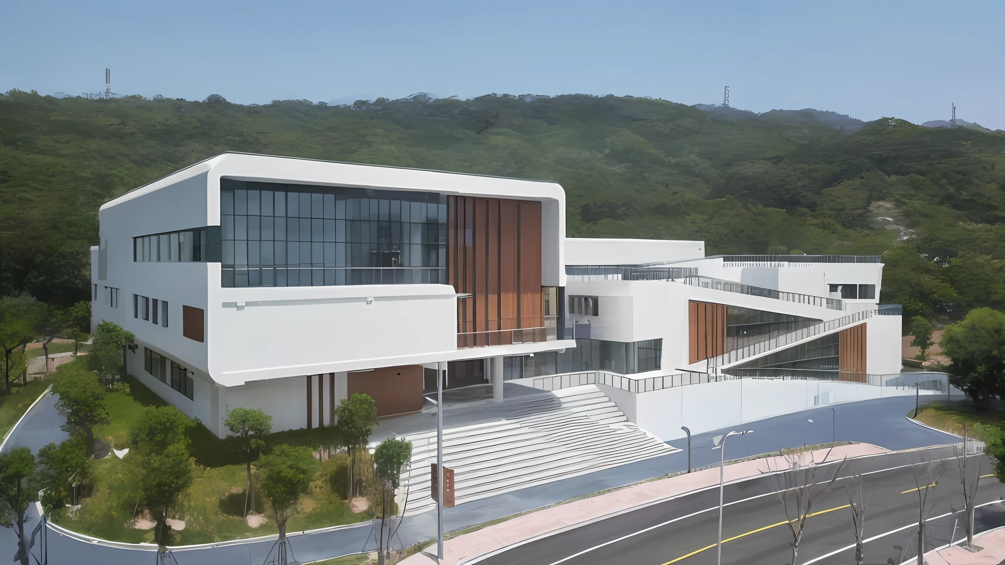 arafed view of a building with a staircase and a staircase leading to a building, modern technology building, medical research facility, research center, wide angle exterior 2022, art museum, taken in the early 2020s, shenzhen, research complex, photo from 2022, front-view, office building, full - view, f2