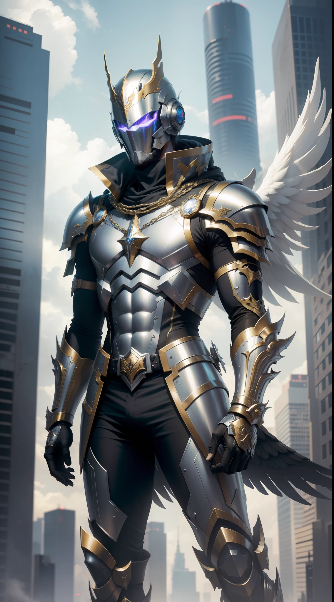 Best image quality, high resolution,8k, masterpiece, best male combat angel descending from the sky, masked,metal armor combined with royal vestments, scales in your hand,cyberpunk style
