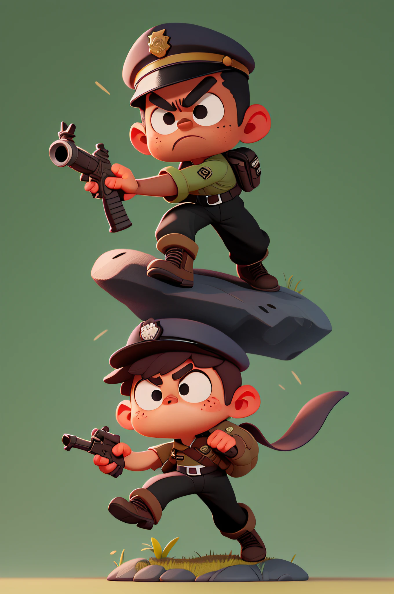 a black adult only, policeman in light brown uniform, running in anger, uniformed light brown color, light brown sleeve uniform, black color boot, black belt, black inner t-shirt, French style military beret in black color, black francesa military beret, with gun at the waist, running, military boot, outdoors, light green background, man, toon, pixar style, 3d, cartoon, detailed face, asymmetrical