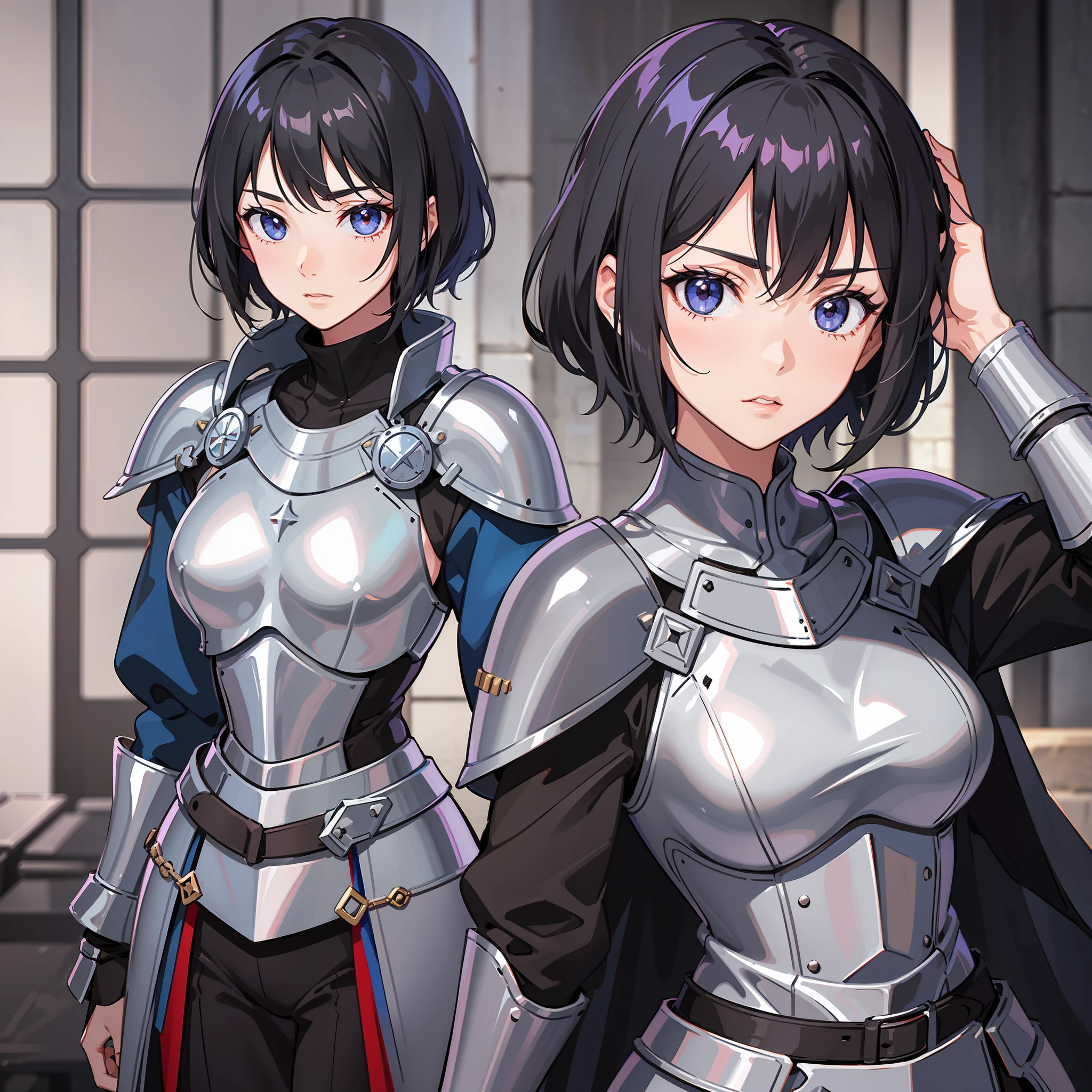 Screenshots of Anime A skinny, dark-haired, short-cut 25-year-old woman dressed like Joan of Arc, a knight of medieval Europe, stands looking at us with a troubled face. Trim to the knees with the background stretched. Fine line art 2020s anime