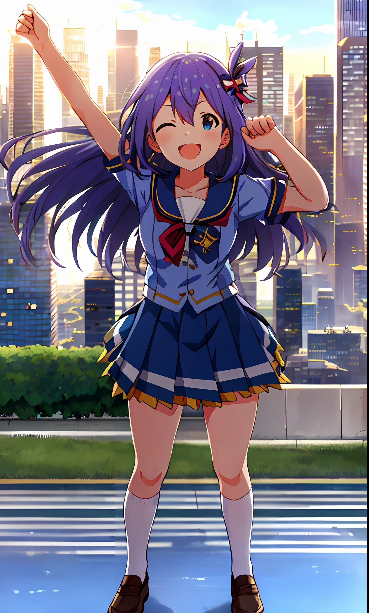 Anna Mochizuki (Million Live), Shiny Trinity \ (Costumes), (Top Quality, 8K, Masterpiece, Super Detail: 1.2), Sea, Sun, Dappled Sunlight, Blue Sky, Beautiful Clouds,
1 girl, solo, skirt, smile, open mouth, V, watch viewer, white sailor collar, blue shirt, sailor collar, blue skirt, pleated skirt, short sleeve, :d, shirt, school uniform, blush, seravuk, collarbone, bow, ribbon, blue bow. (((fighting stance))).,((((Giantization))).dynamic focus.small breasts. (((skyscrapers))). (((Cityscape))). Ultraman, makeover pose.make a fist.arms up.chest.front.watch viewer.
