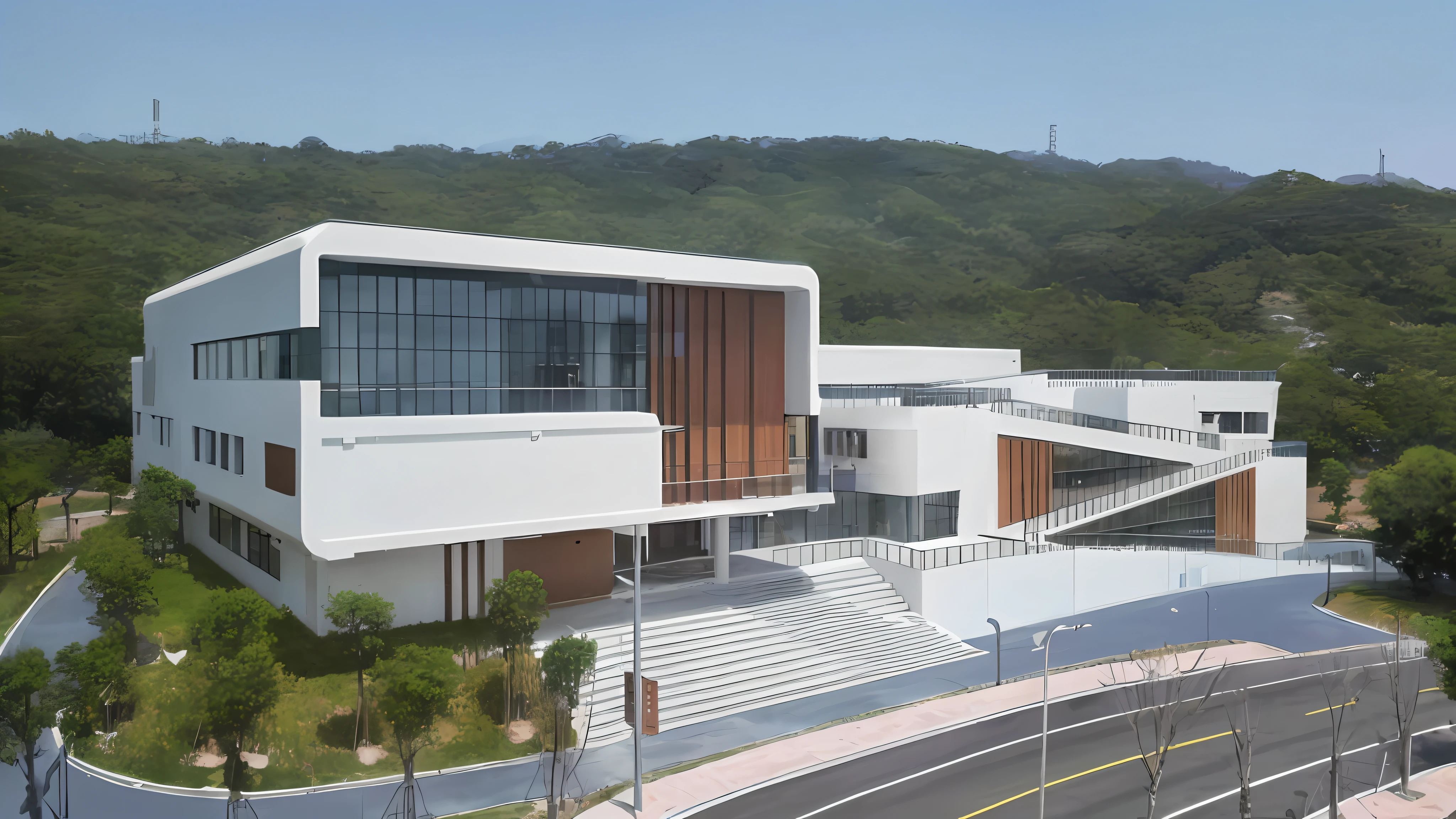 arafed view of a building with a staircase and a staircase leading to a building, modern technology building, medical research facility, research center, wide angle exterior 2022, art museum, taken in the early 2020s, shenzhen, research complex, photo from 2022, front-view, office building, full - view, f2