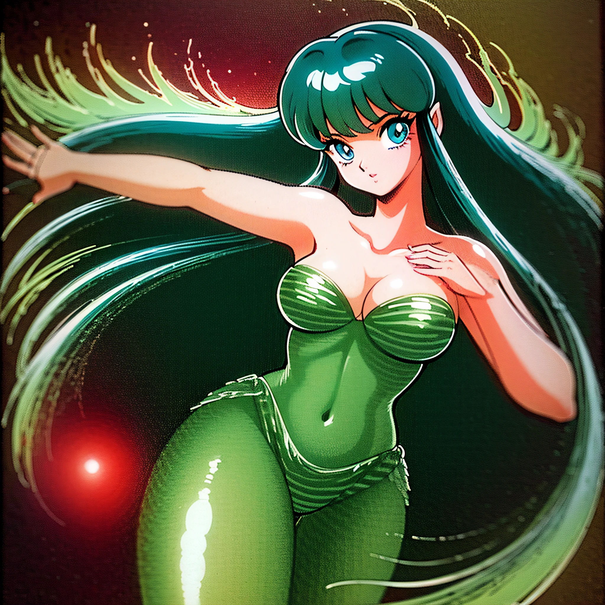 takahashi rumiko lum, cowboy shot, [retro anime art style], old anime, 1980s \(style\), 1990s \(style\), watercolor \(medium\), ((best quality)), ((masterpiece)), [detailed], [anime and manga image], [captivating], [enchanting], [narrow hips], [medium breasts], [wide hips], [lum invader from urusei yatsura], 1girl, lum, urusei yatsura, bikini, blue eyes, eyeshadow, green hair, long hair, makeup, oldschool, solo, [strapless bikini], white background, ((strapless bikini)), (hyperdetailed:1.15), [detailed], ((best quality)), ((masterpiece)), (soft light, sharp:1.2), (illustration, uhd, unreal engine, sharp focus,), op quality, best quality, official art, ultra detailed texture, ultra detailed hands, [pixiv], <lora:epi_noiseoffset2:0.6 ,