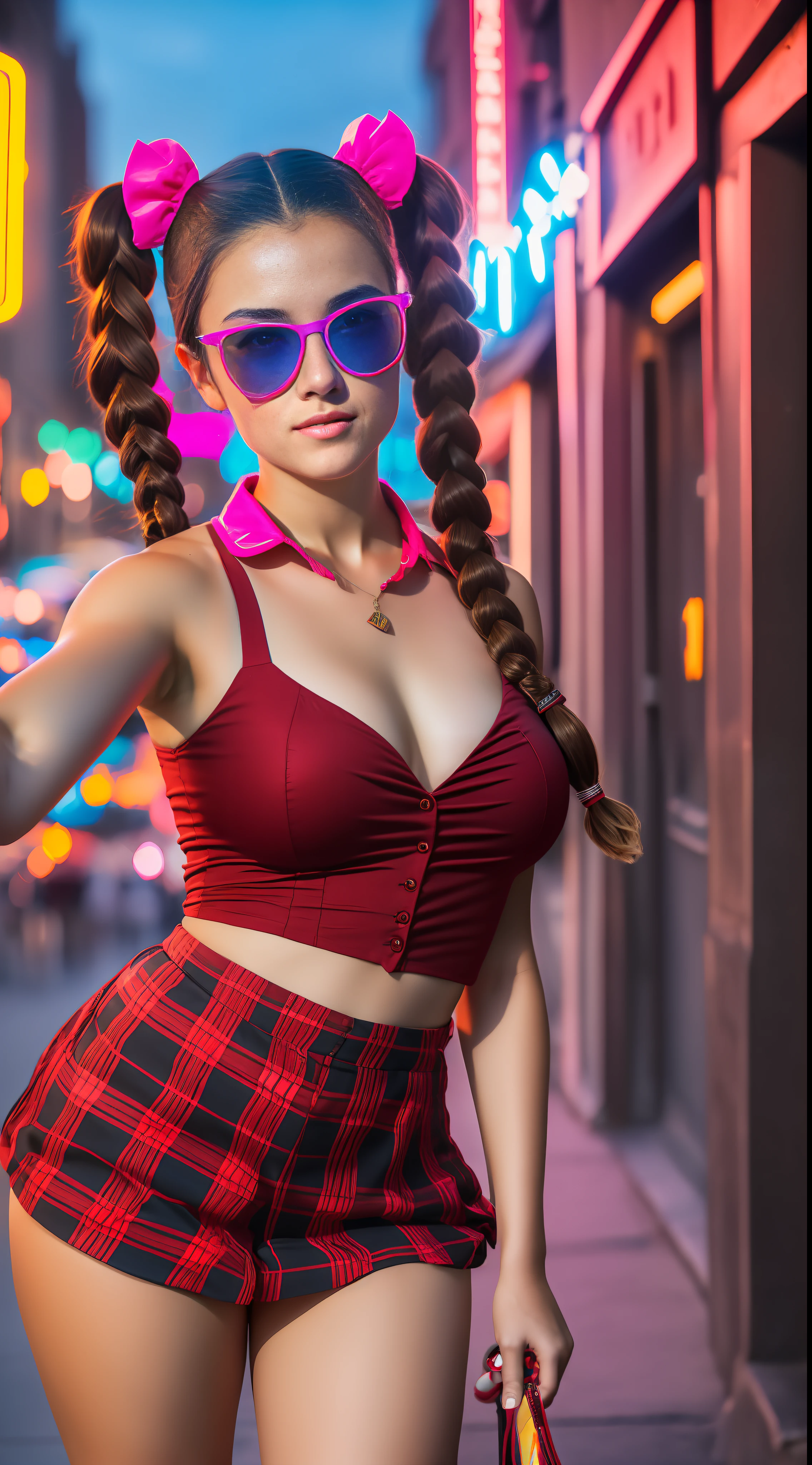 Girl 18 years old brunette short high school uniform, incrinada looking up for camera (selfie camera angle) full body, big breasts,with sunglasses,with perfect sharpness,sensual look,(pigtails hair),8k raw, perfect and realistic (angle from top to bottom) in the city the night neon