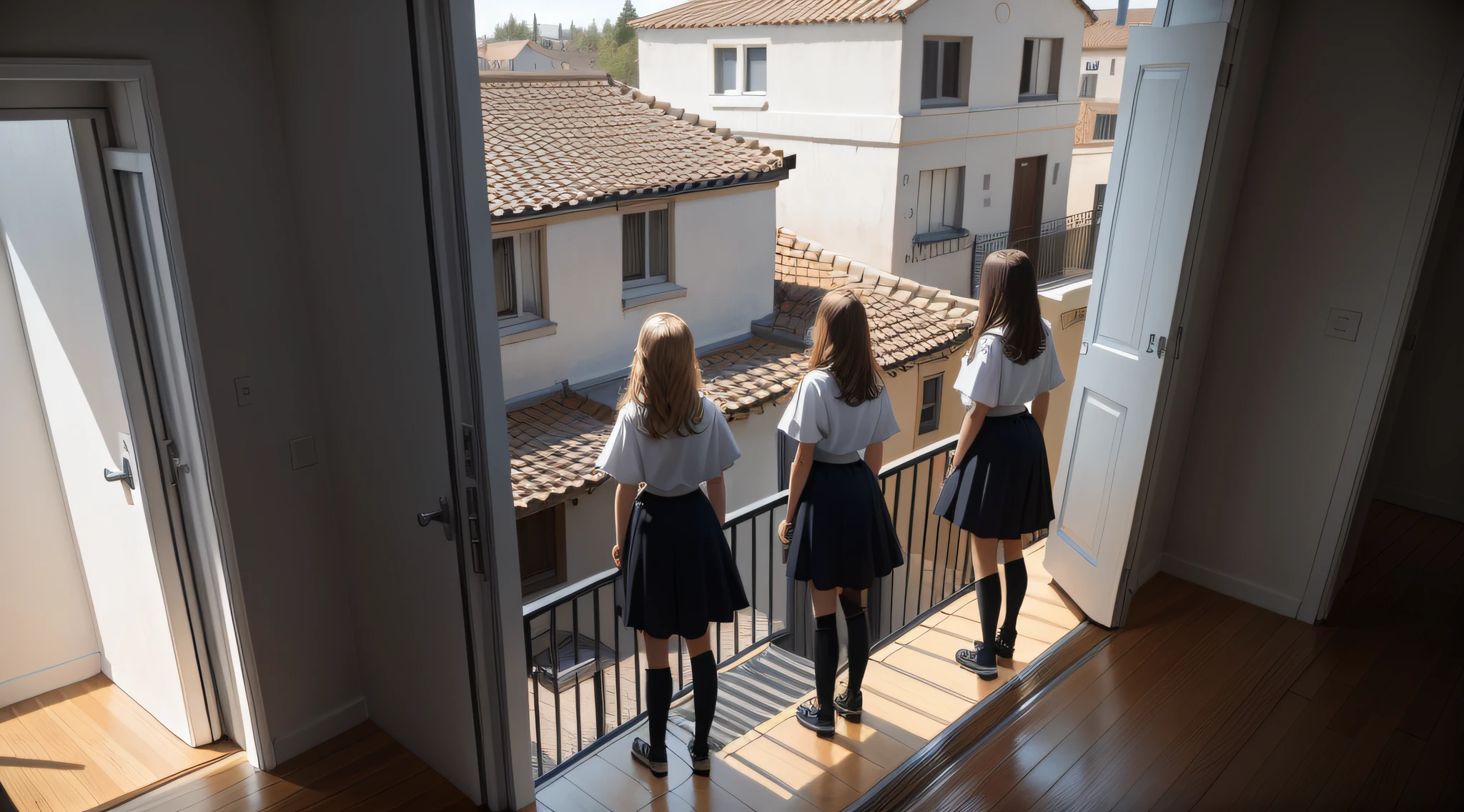 The backs of the 4 girls, standing on the balcony, looking downstairs
