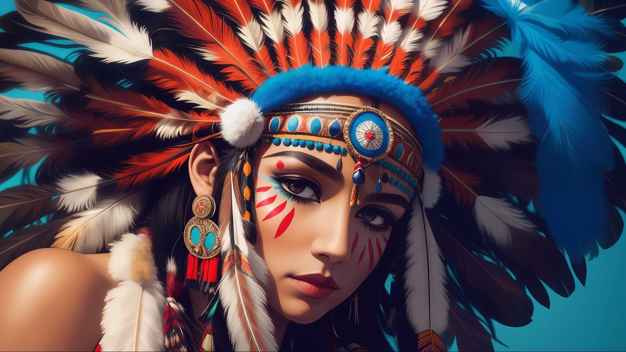 arafed woman with a feather headdress and face paint, tribal paint, native american, tribal makeup, headdress, tribal style, indian warrior, : native american shamen fantasy, aztec princess portrait, tribal face paintings, american indian headdress, tribal facepaint, aztec hair, feather native american headgear, ornate headdress, feathered headdress, beautiful portrait