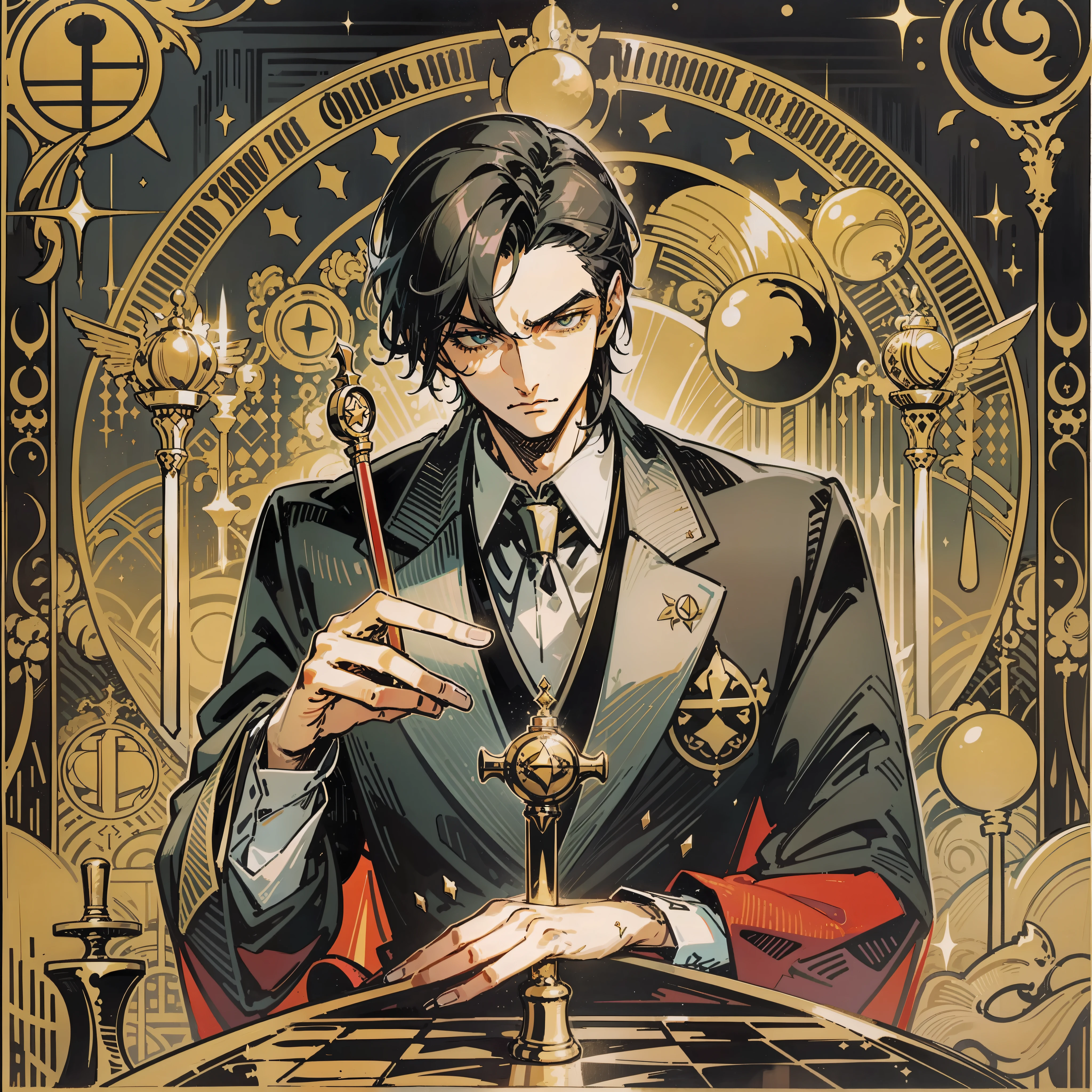 Tarot cards, young and handsome mafia godfather, short black hair, a little upturned, tall and slender, very aggressive, very bookish, very elegant and elegant, throne, apple, black gloves, scepter scepter! Moonlit night, starlight, bling, sparkling gold! Fantasy golden astrolabe background, playing chess! Play chess!! Chessboard! No extra hands!!