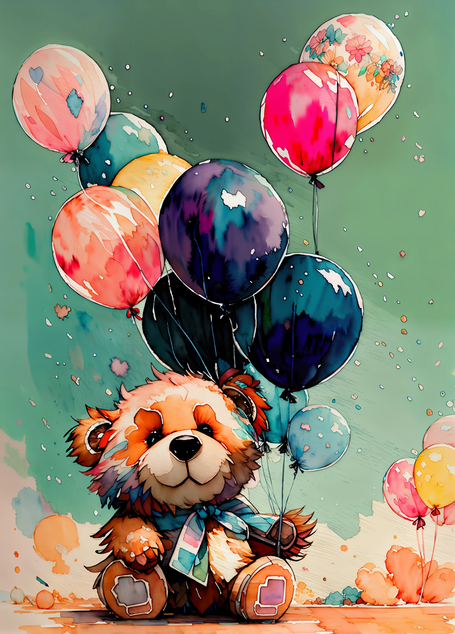 wtrcolor style,teddy bear (((cute))), ((happy)), ((smiling)), pastel colors, blue tones, official art, windblown, masterpiece, gorgeous, ((watercolor)), paint splashes, soft colors, intricate details. Great detail, [pinging: 0.7], Trending on Artstation, colorful balloons