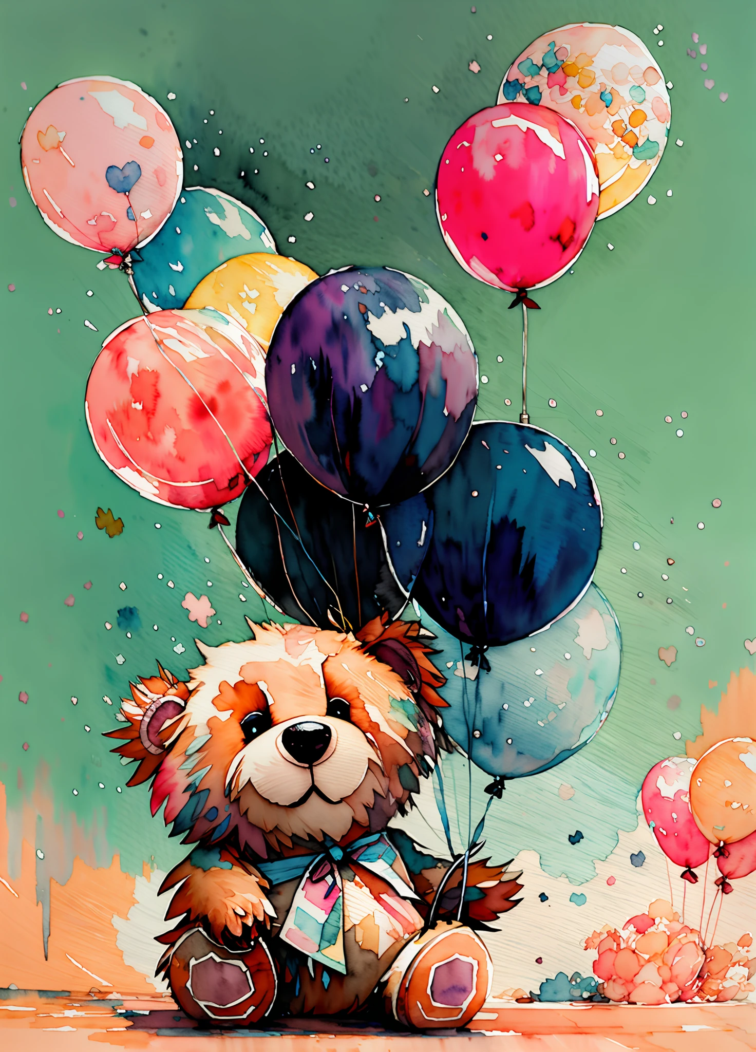 wtrcolor style,teddy bear (((cute))), ((happy)), ((smiling)), pastel colors, blue tones, official art, windblown, masterpiece, gorgeous, ((watercolor)), paint splashes, soft colors, intricate details. Great detail, [pinging: 0.7], Trending on Artstation, colorful balloons