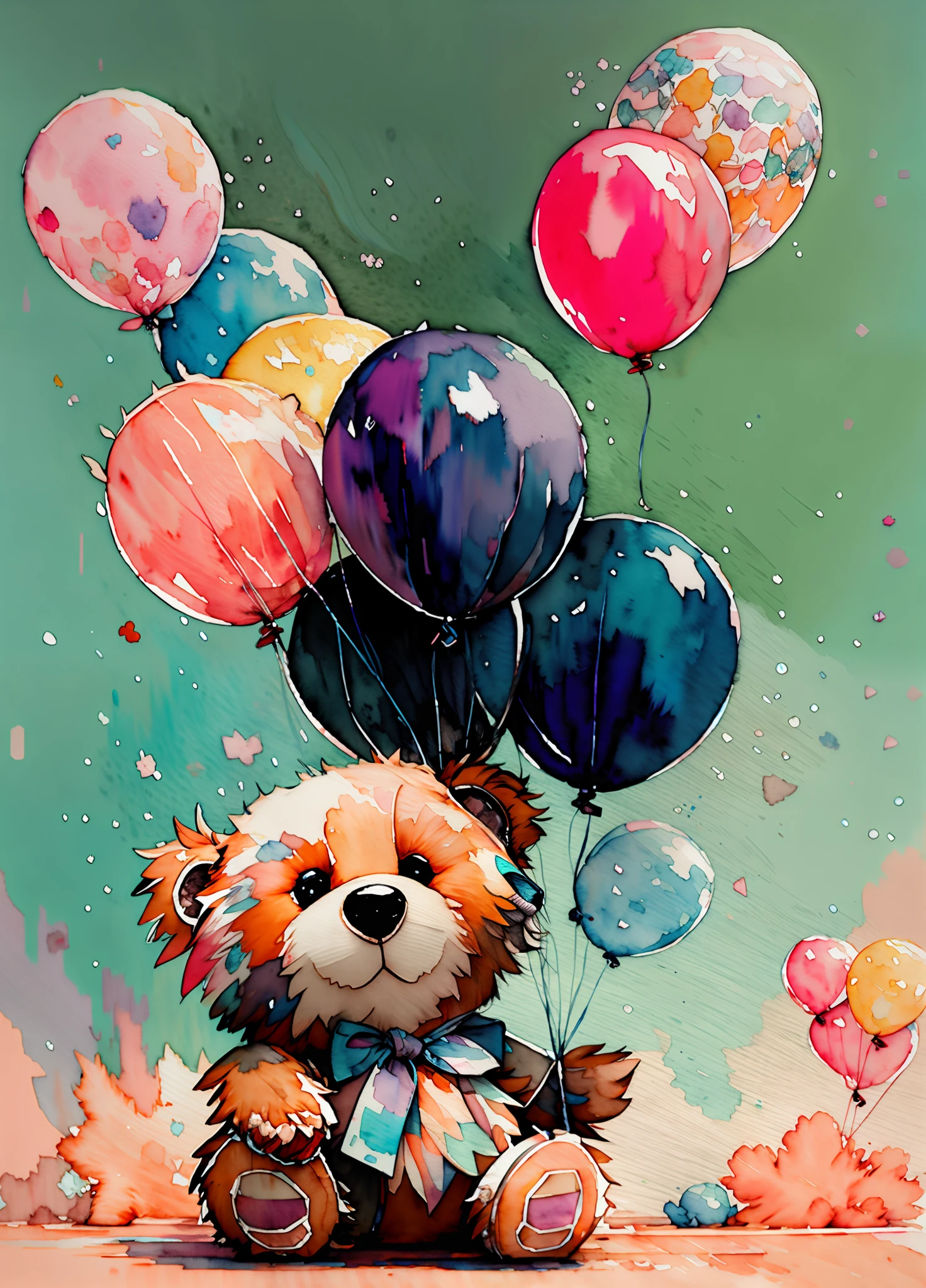 wtrcolor style,teddy bear (((cute))), ((happy)), ((smiling)), pastel colors, blue tones, official art, windblown, masterpiece, gorgeous, ((watercolor)), paint splashes, soft colors, intricate details. Great detail, [pinging: 0.7], Trending on Artstation, colorful balloons