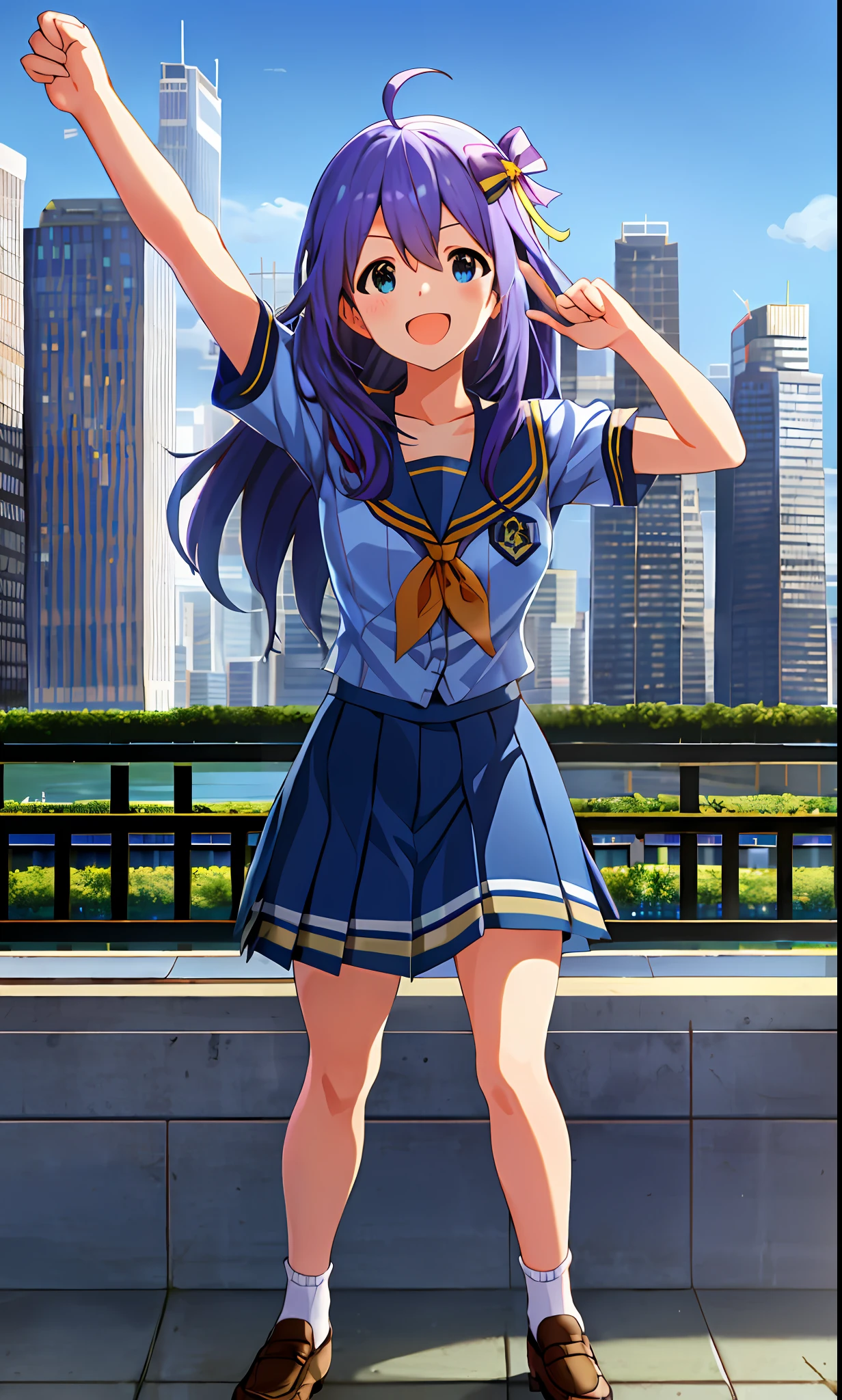 Anna Mochizuki (Million Live), Shiny Trinity \ (Costumes), (Top Quality, 8K, Masterpiece, Super Detail: 1.2), Sea, Sun, Dappled Sunlight, Blue Sky, Beautiful Clouds,
1 girl, solo, skirt, smile, open mouth, V, watch viewer, white sailor collar, blue shirt, sailor collar, blue skirt, pleated skirt, short sleeve, :d, shirt, school uniform, blush, seravuk, collarbone, bow, ribbon, blue bow. (((fighting stance))).,((((Giantization))).dynamic focus.small breasts. (((skyscrapers))). (((Cityscape))). Ultraman, makeover pose.make a fist.arms up.chest.front.watch viewer.