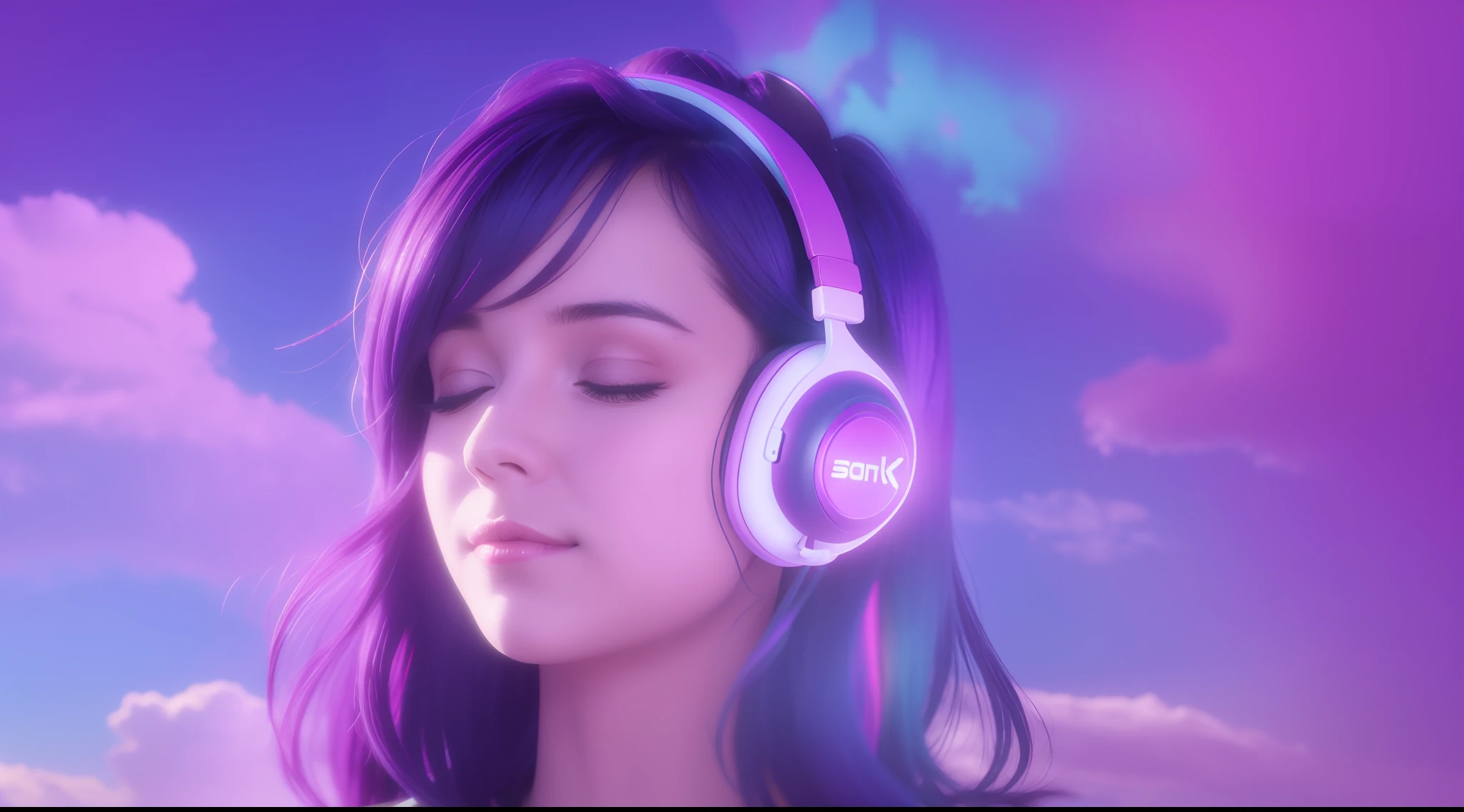 Woman with peace sense headset, closed eyes, beautiful face, RGB colors, purple hair, banner for youtube video, happy girl, clouds with RGB colors.