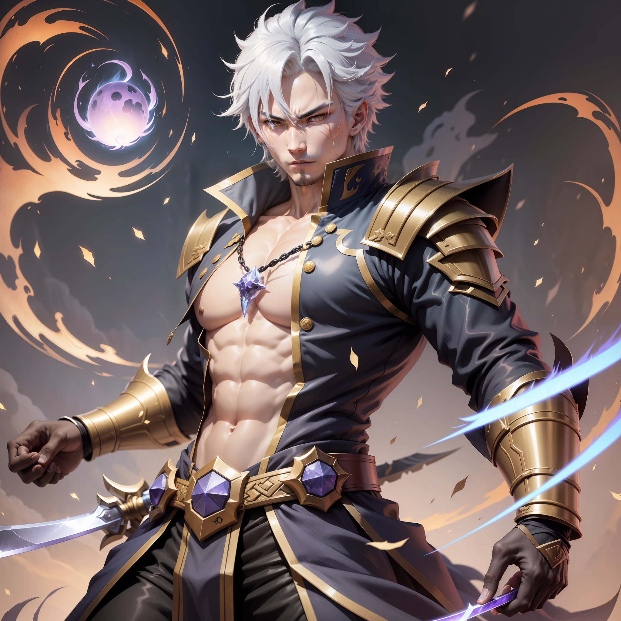 Name: Ryuu Tsumawa
Race: Human (with dragon descent)
Class: Elemental Blademaster

Physical description: Ryuu is a tall young man, 190 cm tall, strong and muscular body. He has goosebump blonde hair, golden eyes, and wears black clothes with a scaly-looking overcoat. He carries the Kuronotsurugi sword at his waist. Ryuu has a cut scar on his right eye and a diagonal cut scar on his chest

Backstory: Ryuu was born into the Tsumawa clan and was subjected to cruel experiments carried out by his father in search of the perfect warrior. Due to a genetic mutation, he developed an affinity for the elements fire and lightning. Ryuu escaped from his father and fled with the Kuronotsurugi sword, one of Etherea's seven legendary swords. Your goal is to get revenge on your father, take over the leadership of the clan, and make the world a better place.

Personality: Ryuu is sarcastic, arrogant, but also possesses a friendly and loyal side. He is determined in his quest for revenge and justice, seeking to rid himself of the darkness of the world.

Powers and abilities: Ryuu possesses an enhanced body due to his dragon descent, which makes him tough and strong. He has mastery over the elements of fire and lightning, and can conjure powerful magical attacks. Ryuu is a skilled swordsman with the Kuronotsurugi, who can shapeshift, cut using magic, and erode what he touches. In addition, the sword can be controlled telekinetically and allows Ryuu to fly.

Goals: Ryuu wishes to take revenge on his father, assume the leadership of the Tsumawa clan, and contribute to building a better world free from darkness.