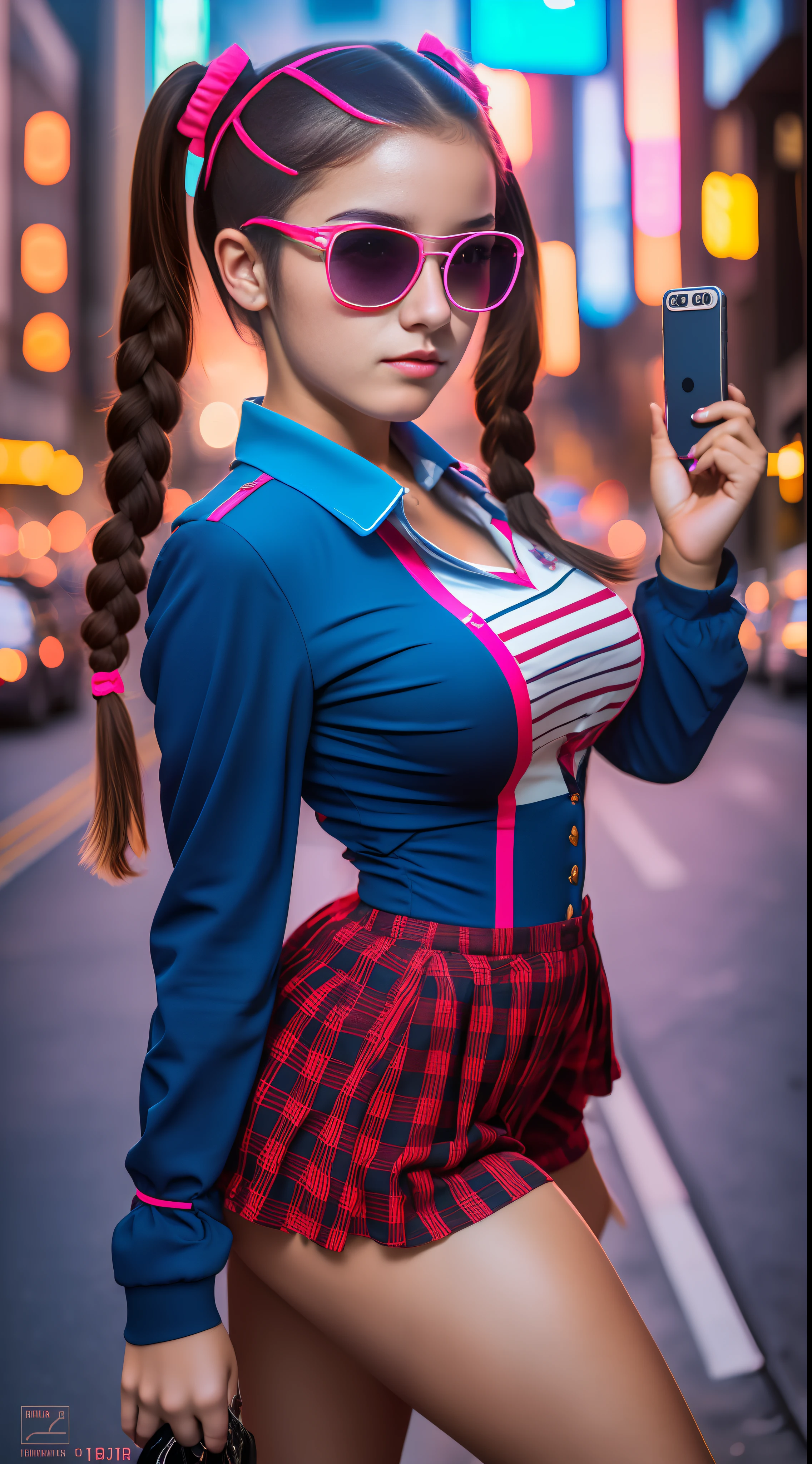 Girl 18 years old brunette short high school uniform, incrinada looking up for camera (selfie camera angle) full body, ,with sunglasses,with perfect sharpness,sensual look,(pigtails hair),8k raw, perfect and realistic (angle from top to bottom) in the city the night neon