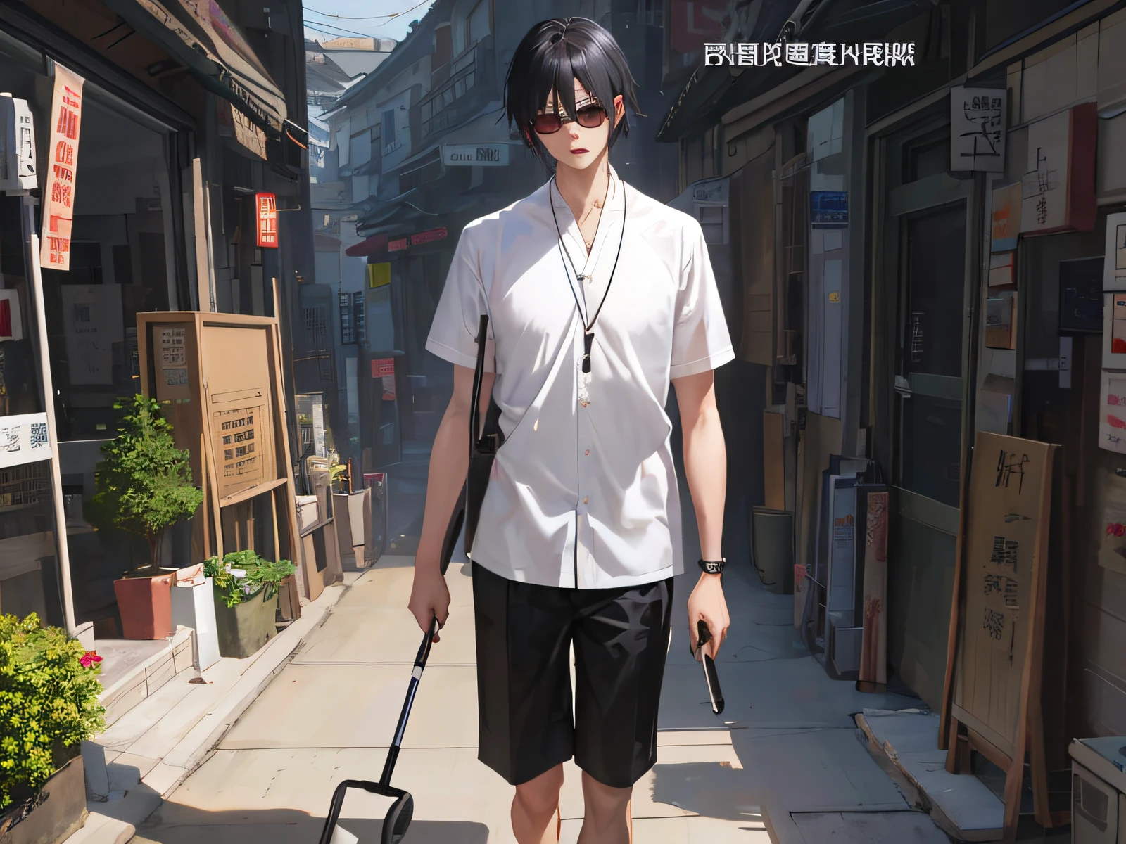 There is a blind man walking down the street on crutches, realistic. Cheng Yi, realistic anime 3D style, Guvez style artwork, surreal anime, young man with cane, inspired by Bian Shoumin, 3D anime realism, cane, Guweiz, Cheng Yanjun, realistic anime, as an anime character