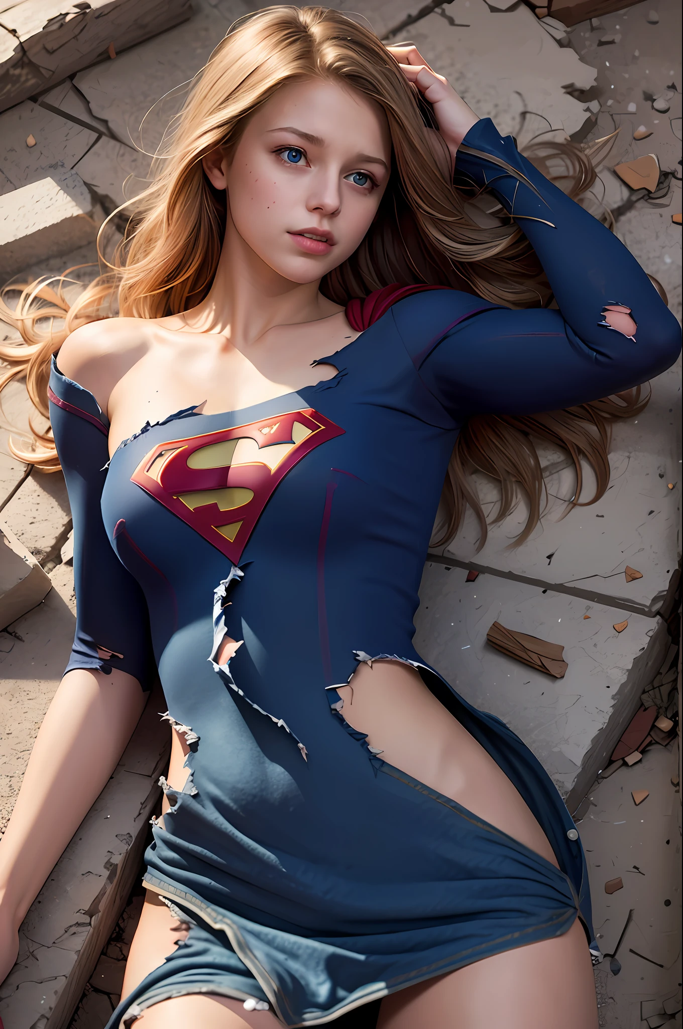 Melissa Benoist, 8k, best quality, real image, intricate details, ultra-detailed, ultra highres, depth field, (photorealistic, realistic: 1.2), masterpiece, photo of 1girl, supergirl, wounded, superhero, lying, back, realistic, super suit torn, (dirty, bruised, blood: 1.3), blue eyes, blonde hair, lips, long hair, solo, (revealing torn clothes, torn clothes: 1.3), ruined city background, best quality, realistic, photorealistic, (intricate details: 1.2), (delicate detailed), (cinematic light), clear line, sharp focus, realistic face, detailed face and beautiful blue eyes,