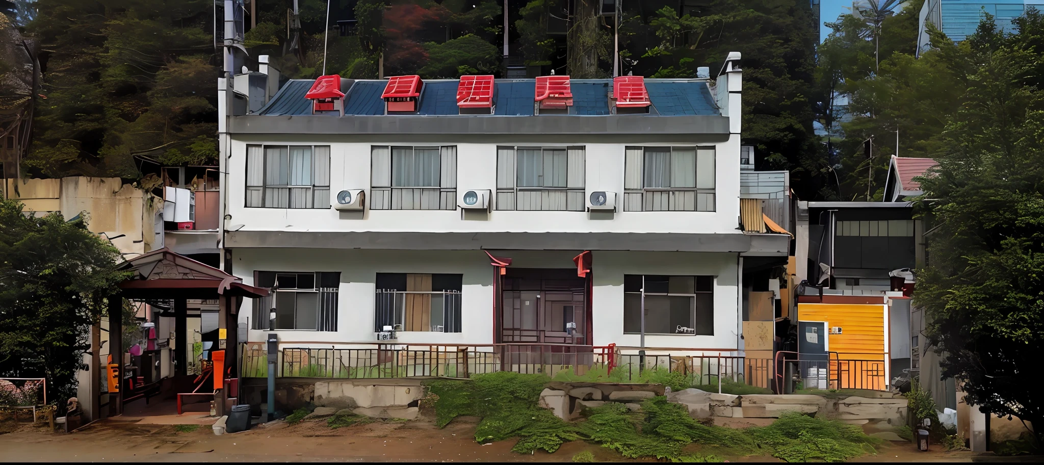 There is a white building with Chinese characters on the roof, from the outside, Chinese architecture, exterior, exterior view, building orientation, complete building, office building, landscape, ink flower, chiba xiongda, center image, red building, front view, office, exterior shooting, HD 8K, maintain the original architectural appearance, in front of which is a small garden. comic style,