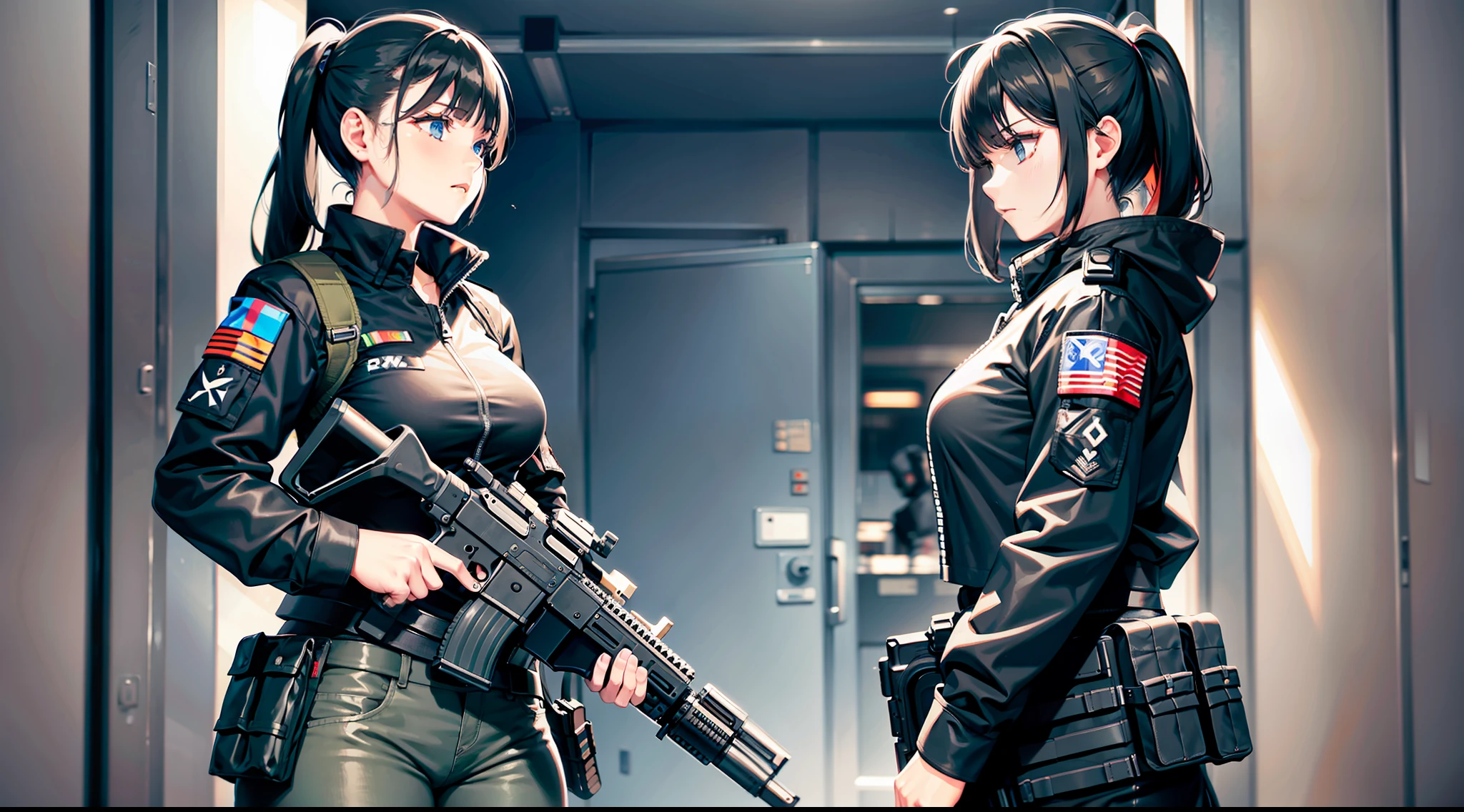 black clothes, PMC, CQB, CQC, SMG, battle girls, in the building, surprise attack
