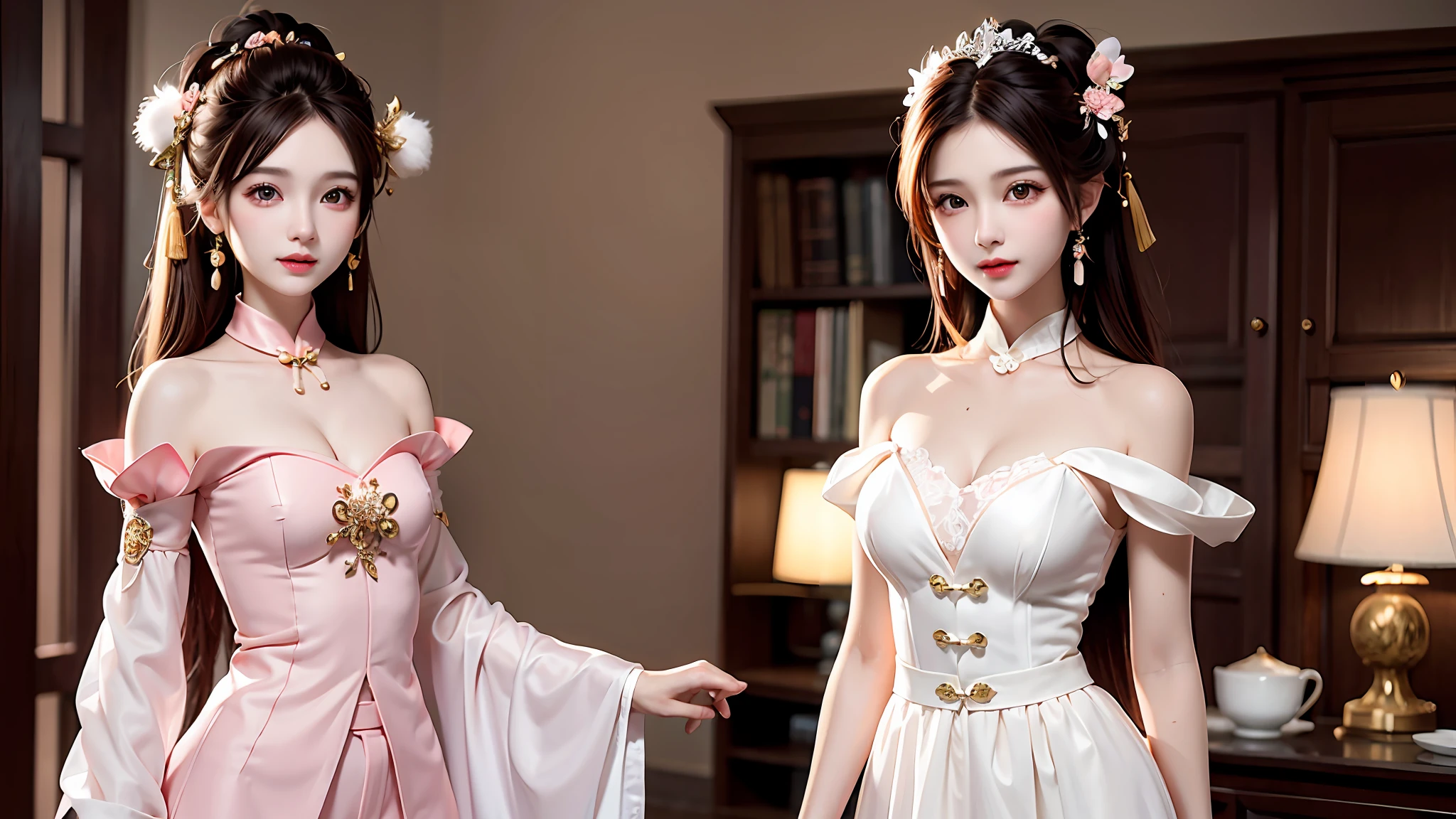 Gentle and charming Chinese beautiful woman, half-length photo, delicate and sexy collarbone, charming oval face, double eyelids, vivid peach blossom eyes, pink lips, small nose, bare shoulders, focused face, face close-up, ultra-high-definition, Super details, elegant standing posture, Korean style puff sleeve square collar slim short shirt, matched with high waist light-colored jeans suit