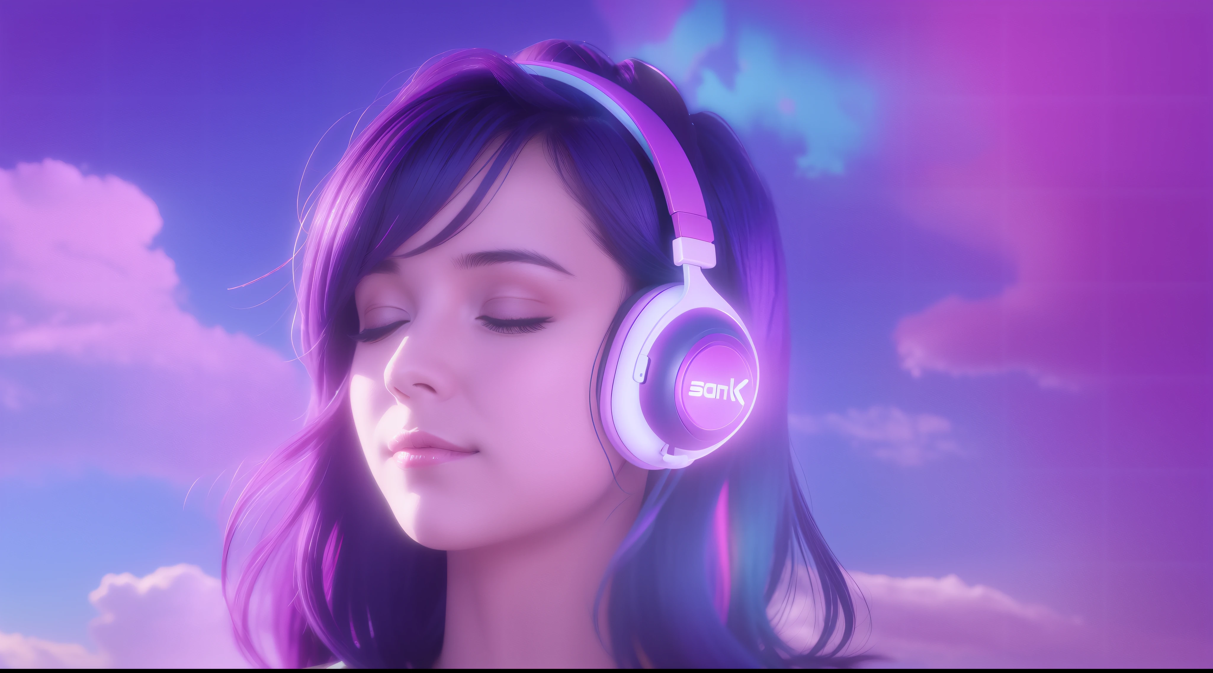 Woman with peace sense headset, closed eyes, beautiful face, RGB colors, purple hair, banner for youtube video, happy girl, clouds with RGB colors.